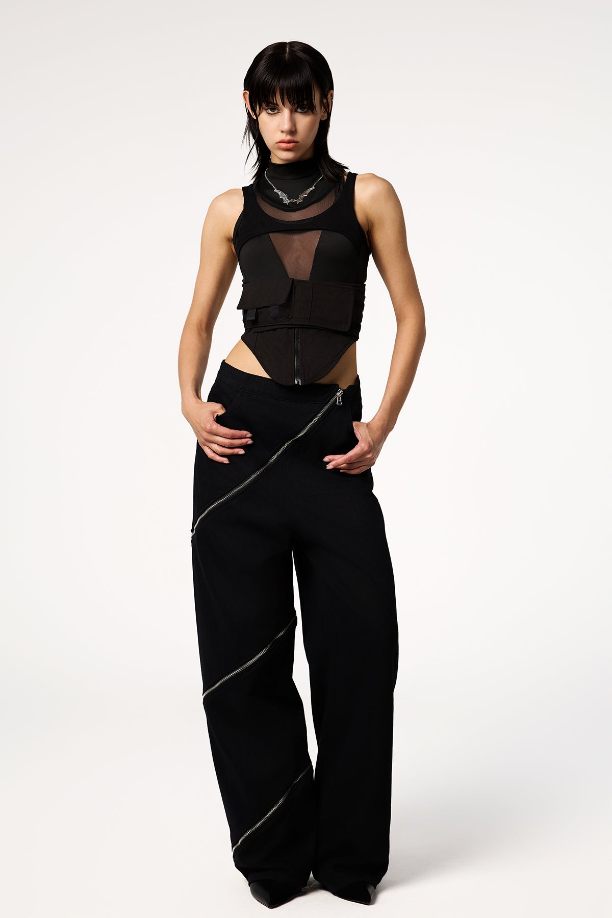 Contrast Net Sleeveless Velcro Top Black