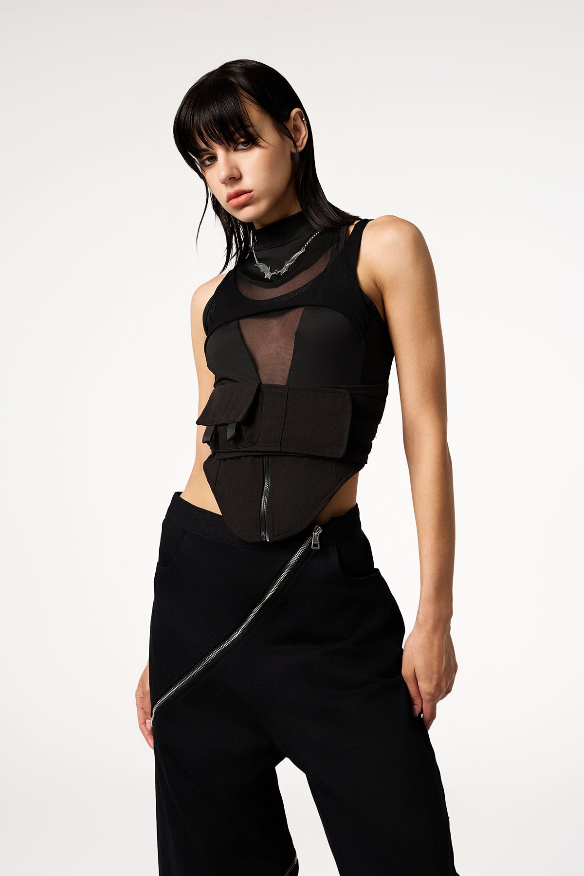 Contrast Net Sleeveless Velcro Top Black