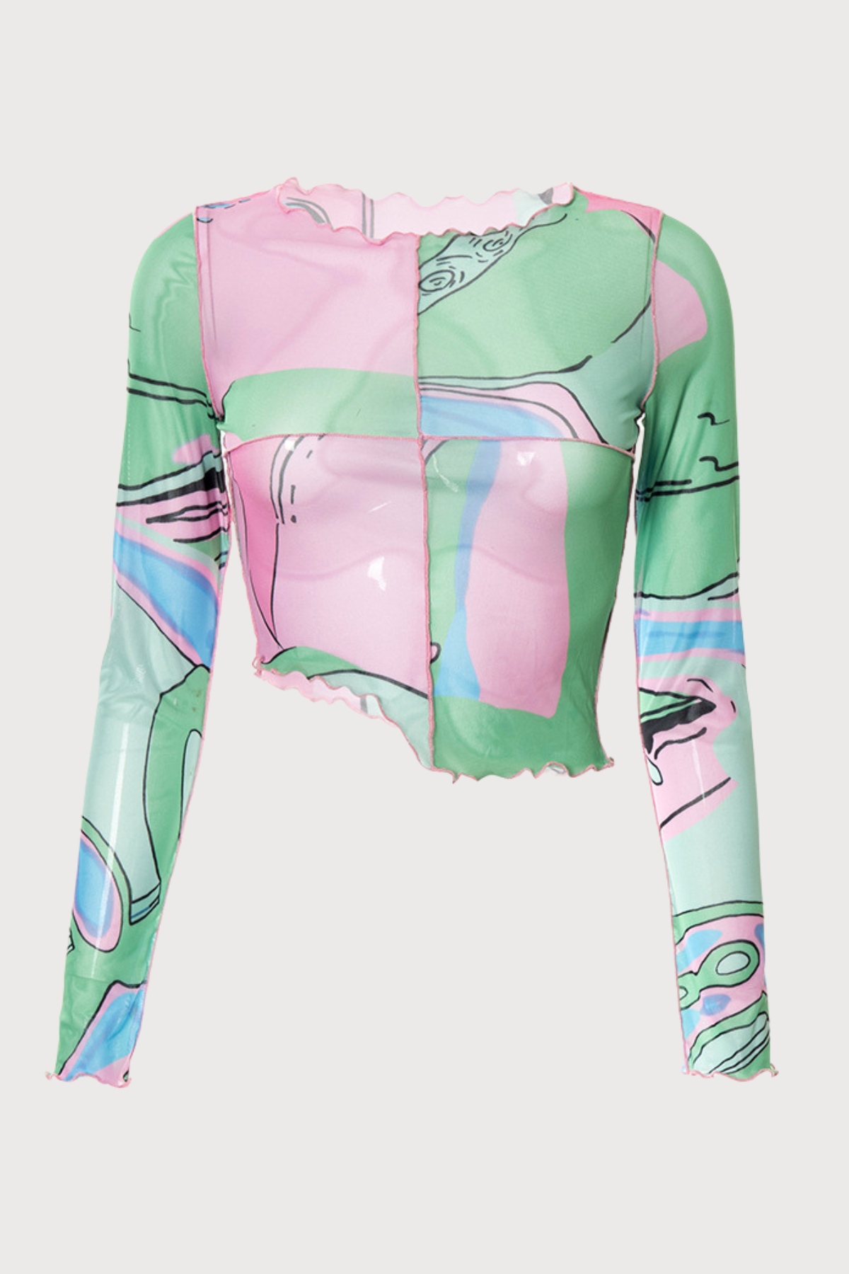 Contrast Mark Long Sleeve Y2K Printed Ruffle Crop Top