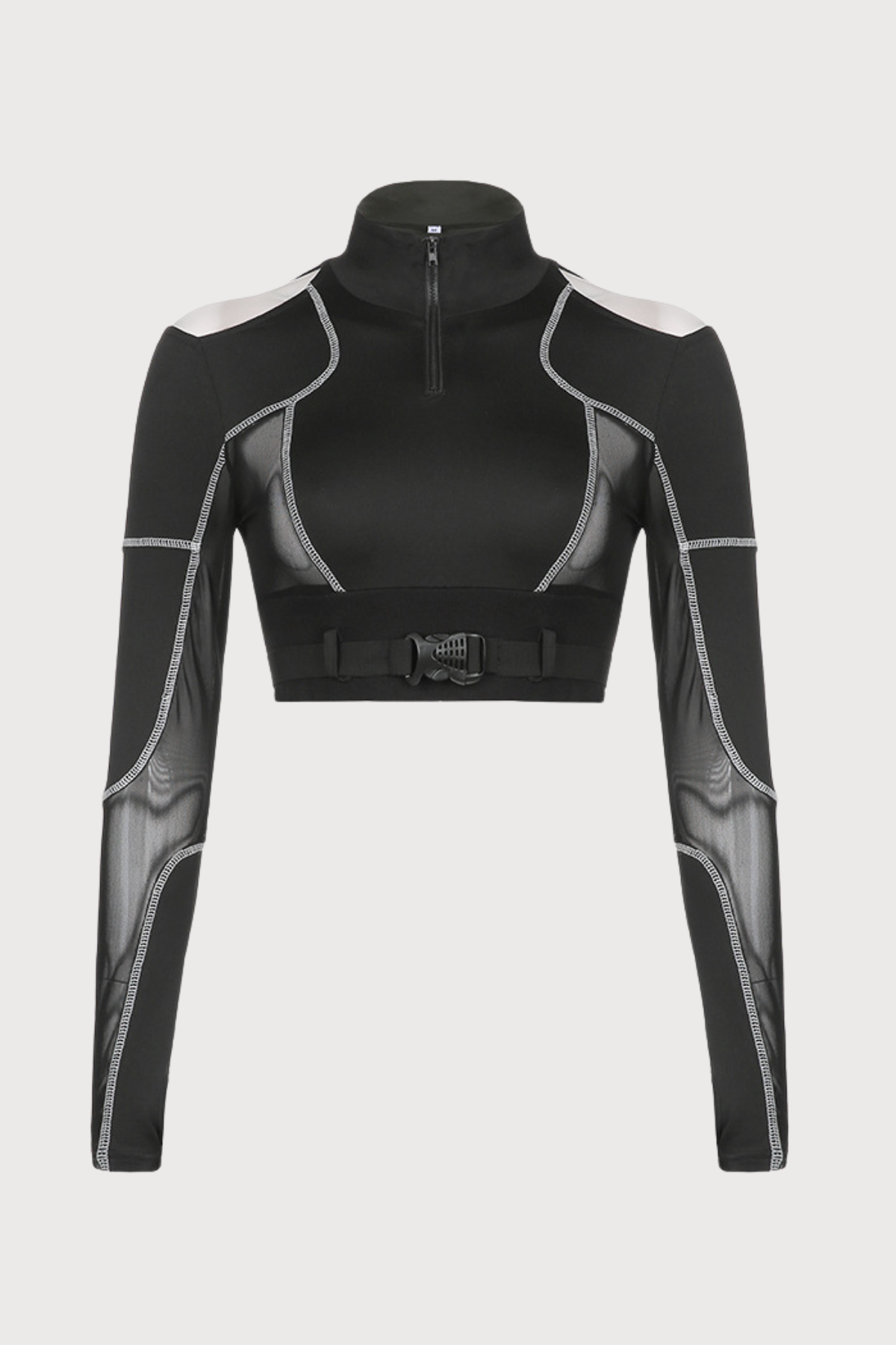Contrast Net Long Sleeve Cutout Zipper Top