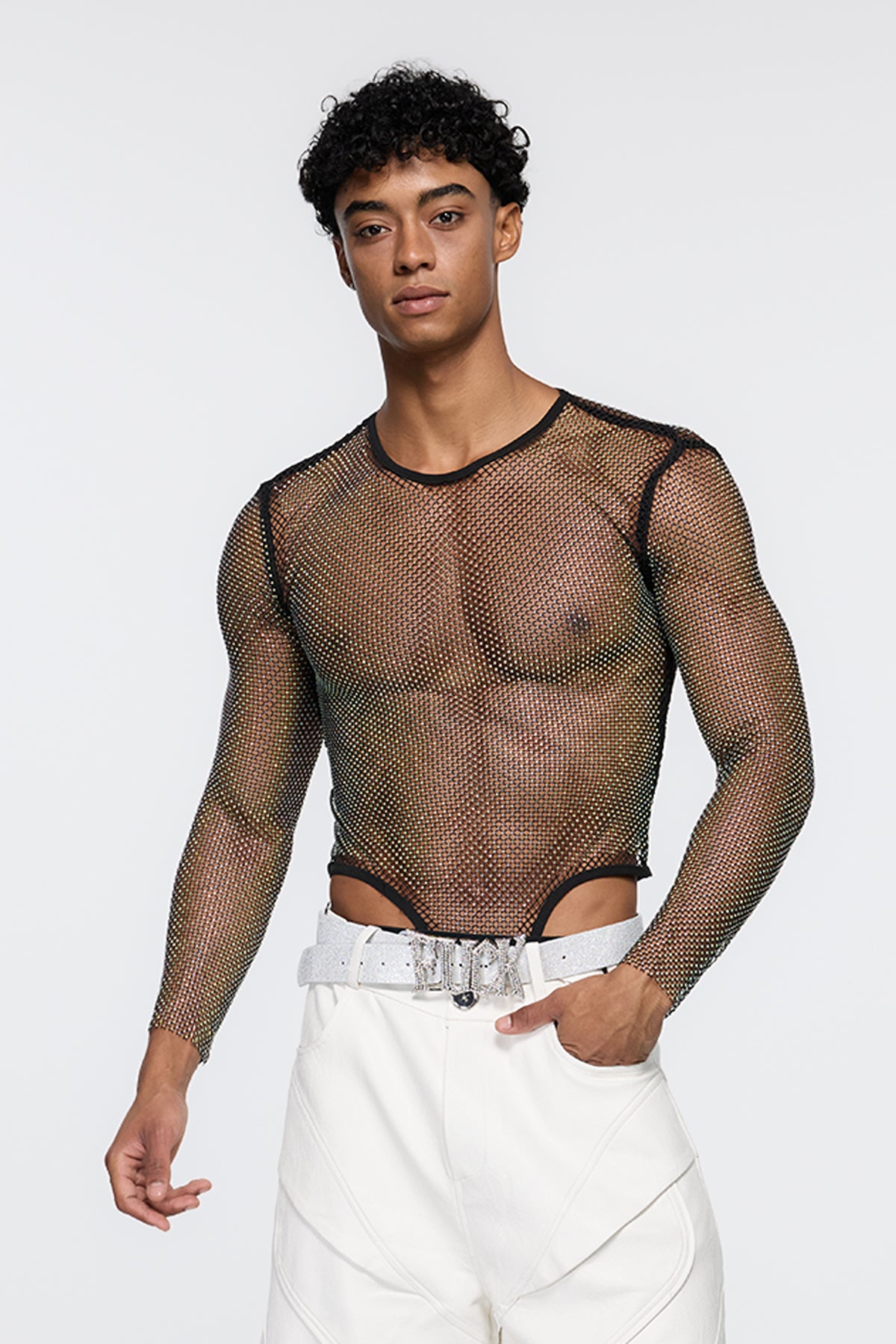 Core Bolt Rhinestone Mesh Long Sleeve Bodysuit Black