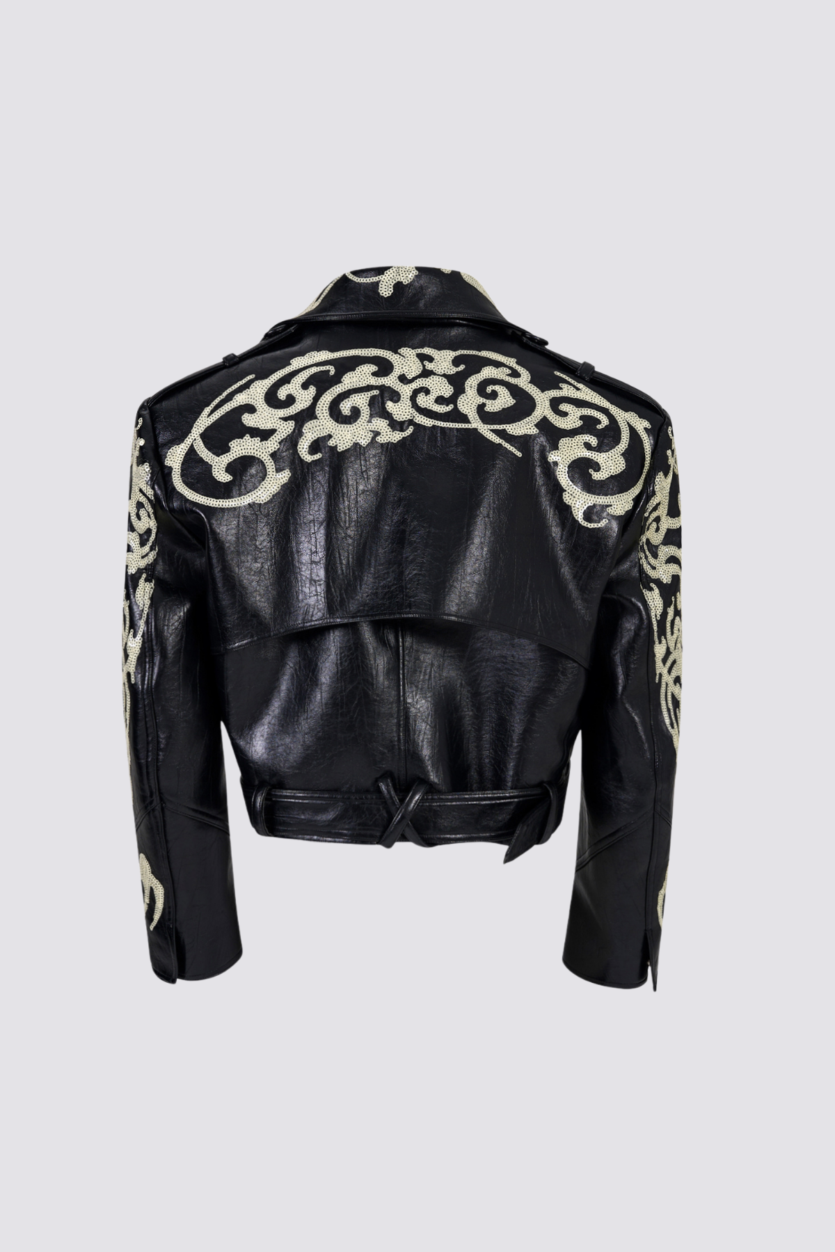 Core Link Sequin Crop Leather Jacket Black