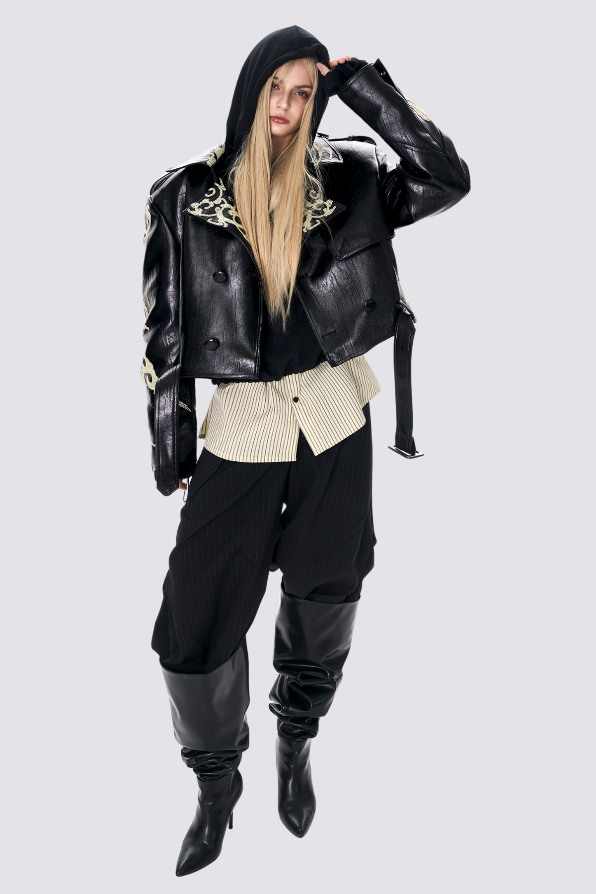 Core Link Sequin Crop Leather Jacket Black