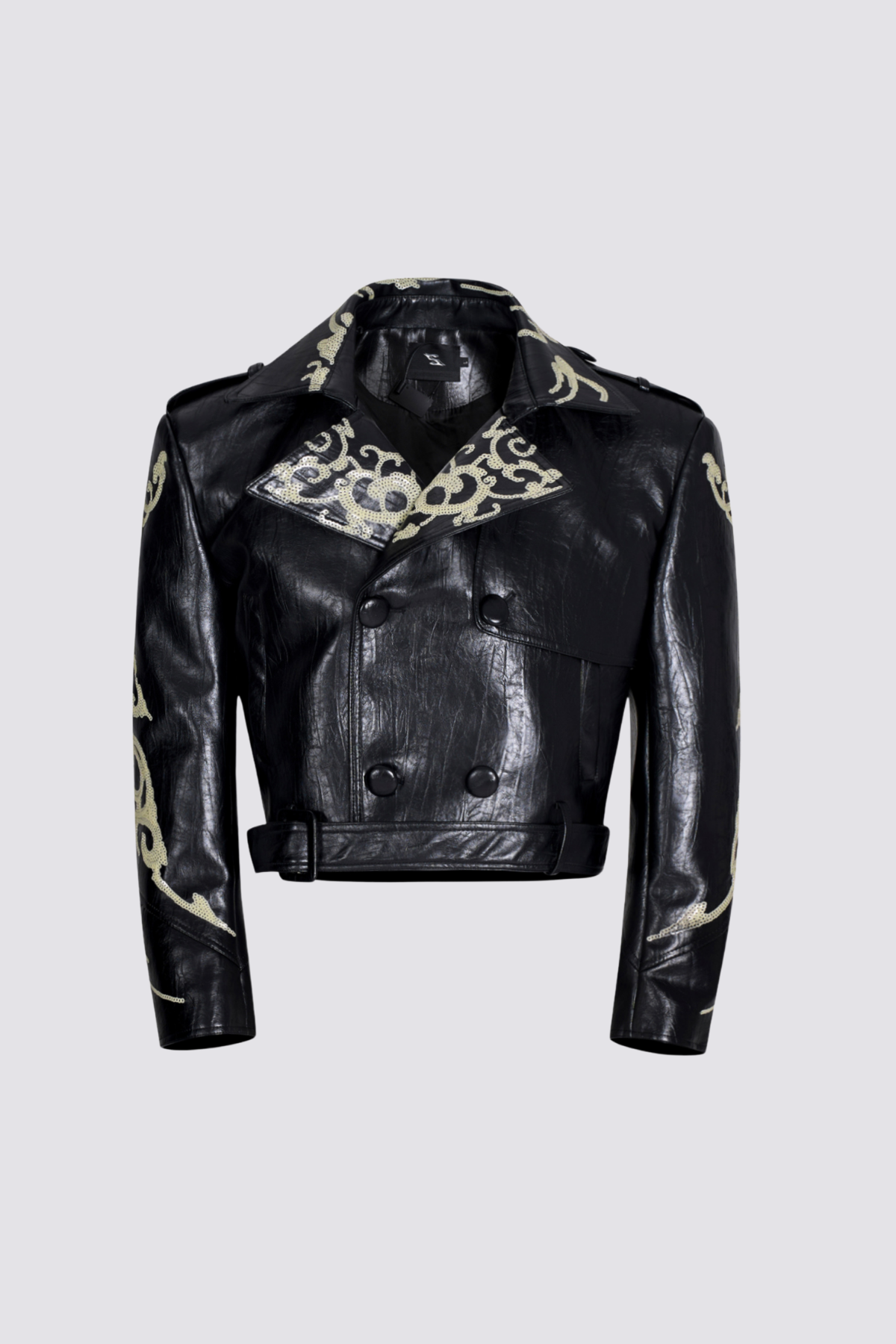 Core Link Sequin Crop Leather Jacket Black