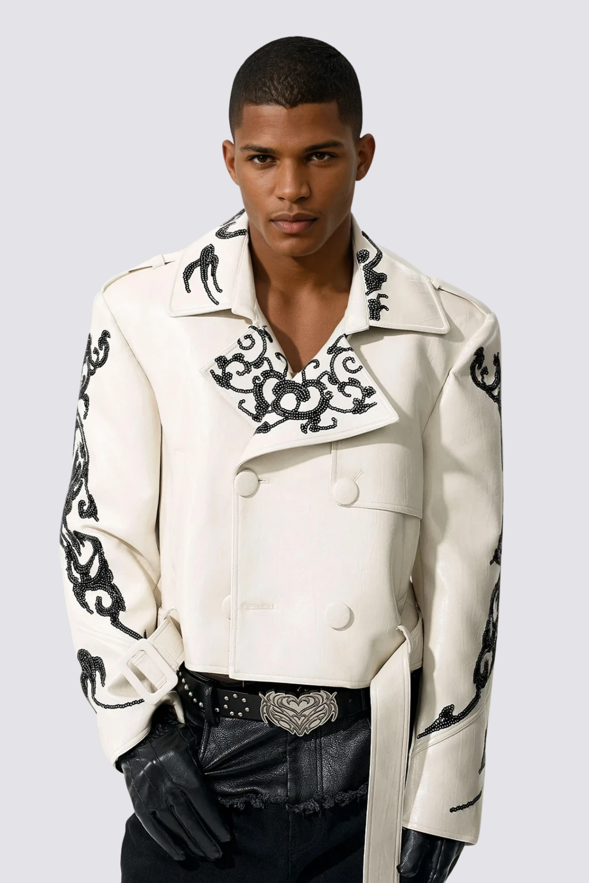 Core Link Sequin Crop Leather Jacket