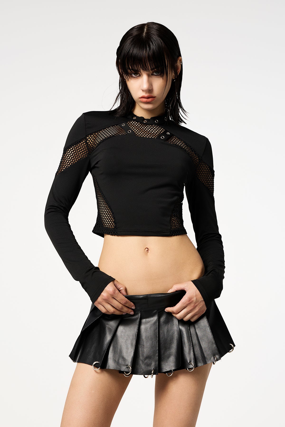Crop Fever Long Sleeve Mesh Cutouts With Splice Eyelet Top