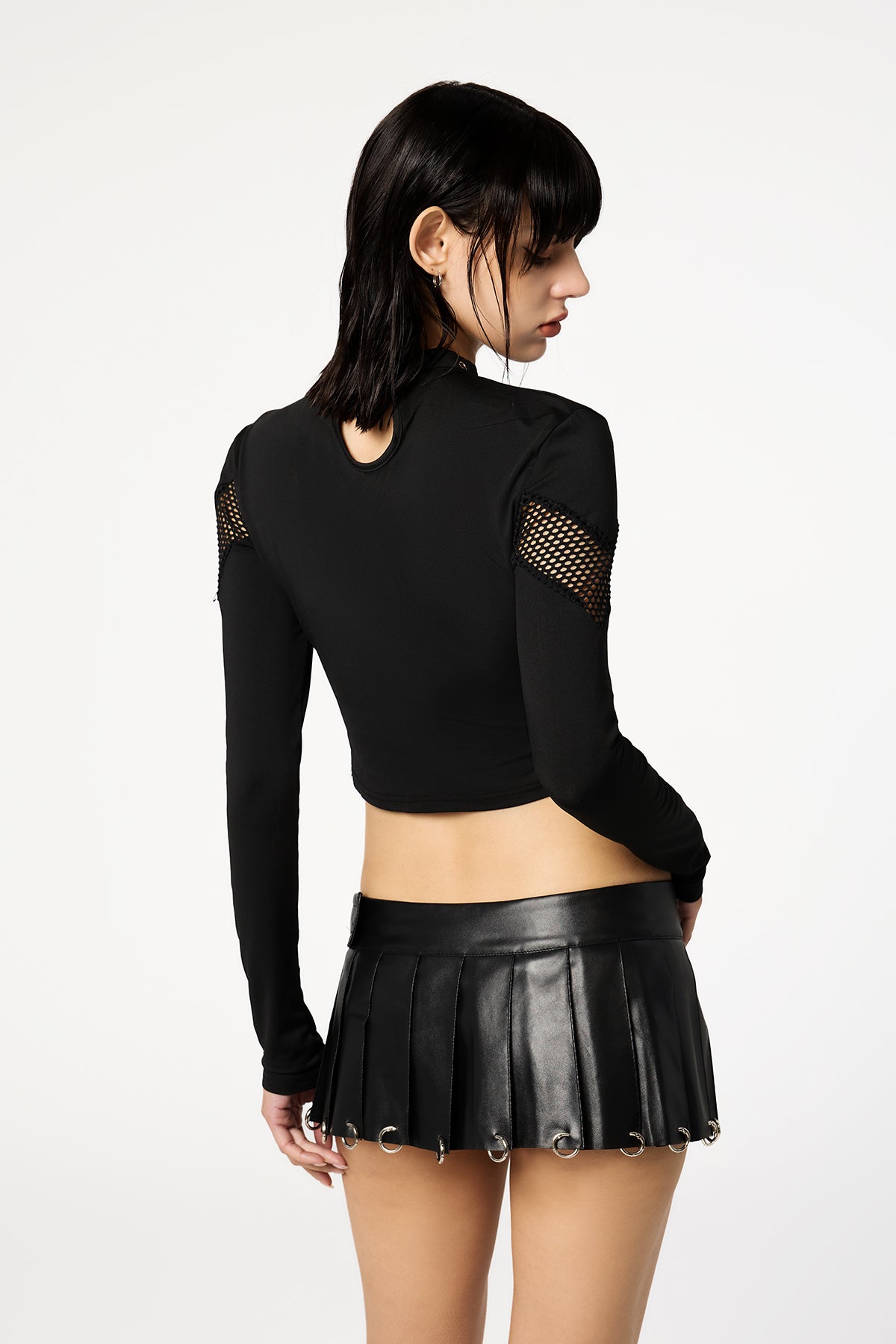 Crop Fever Long Sleeve Mesh Cutouts With Splice Eyelet Top