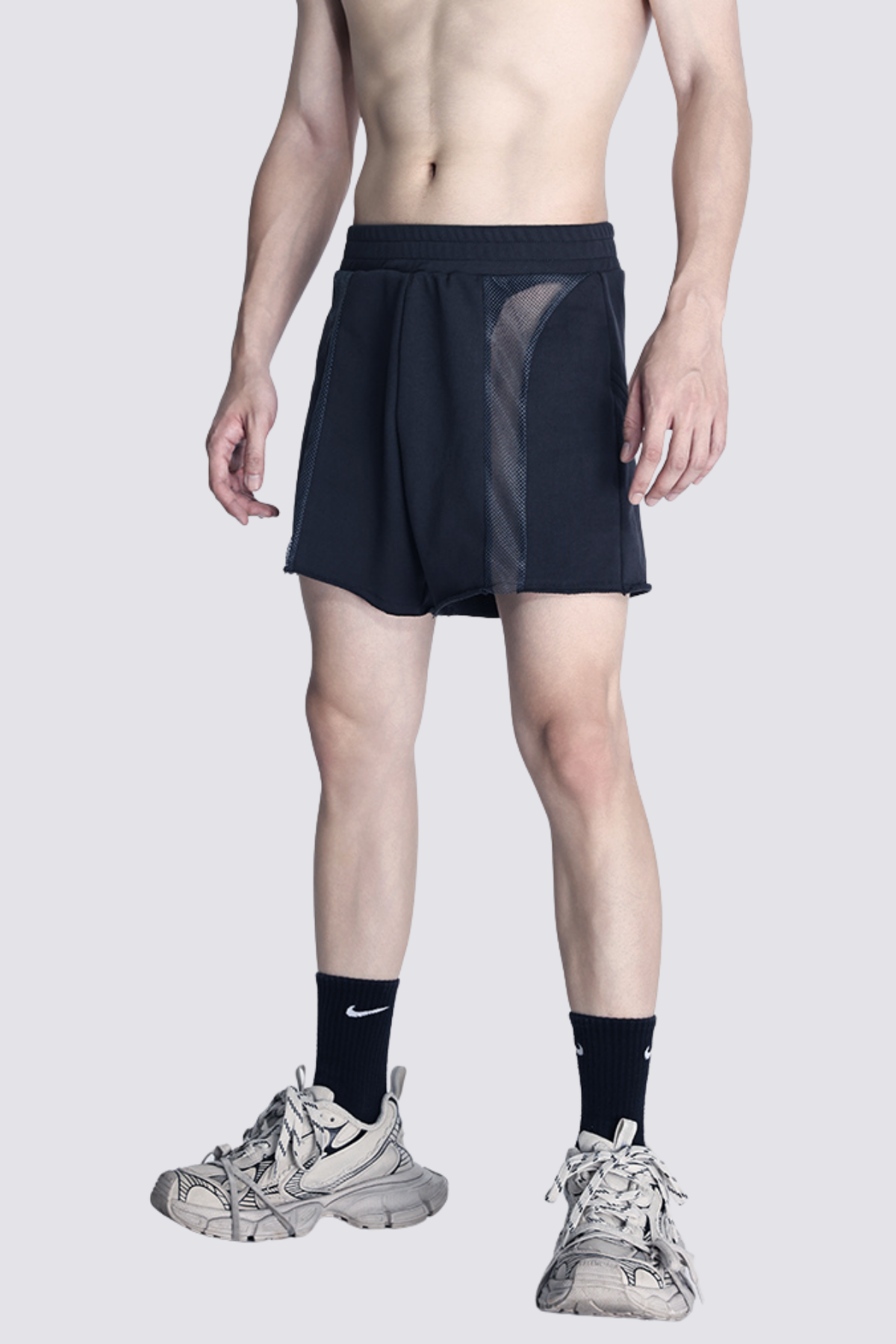 Crushed Frame Mesh Splicing Shorts