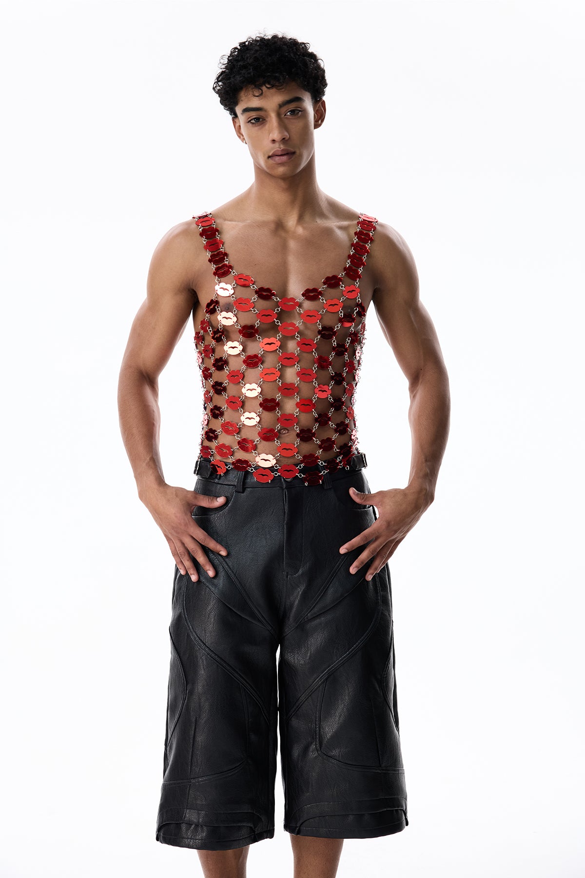 Dark Alloy Red Lips Acrylic Chain Sleeveless Top