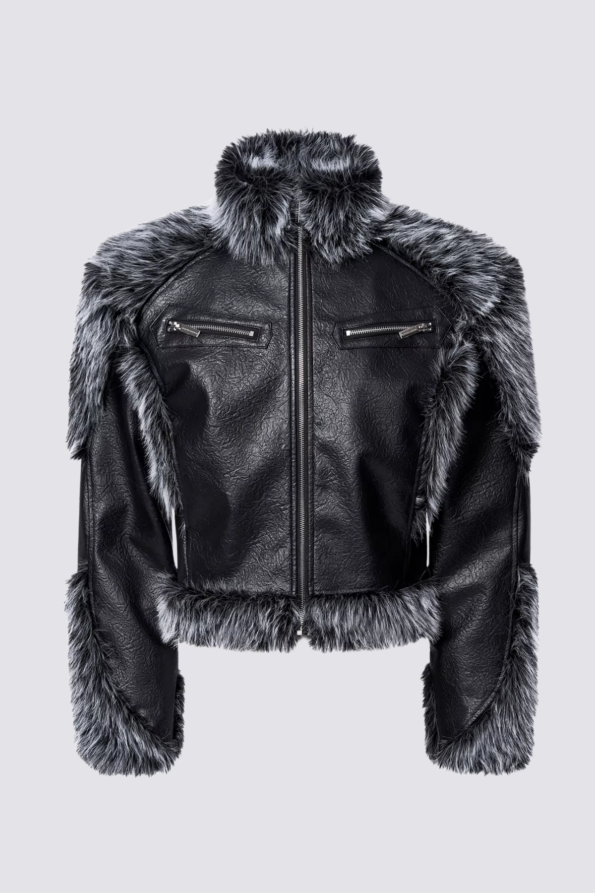 Dark Band Faux Fur Paneled Leather Jacket