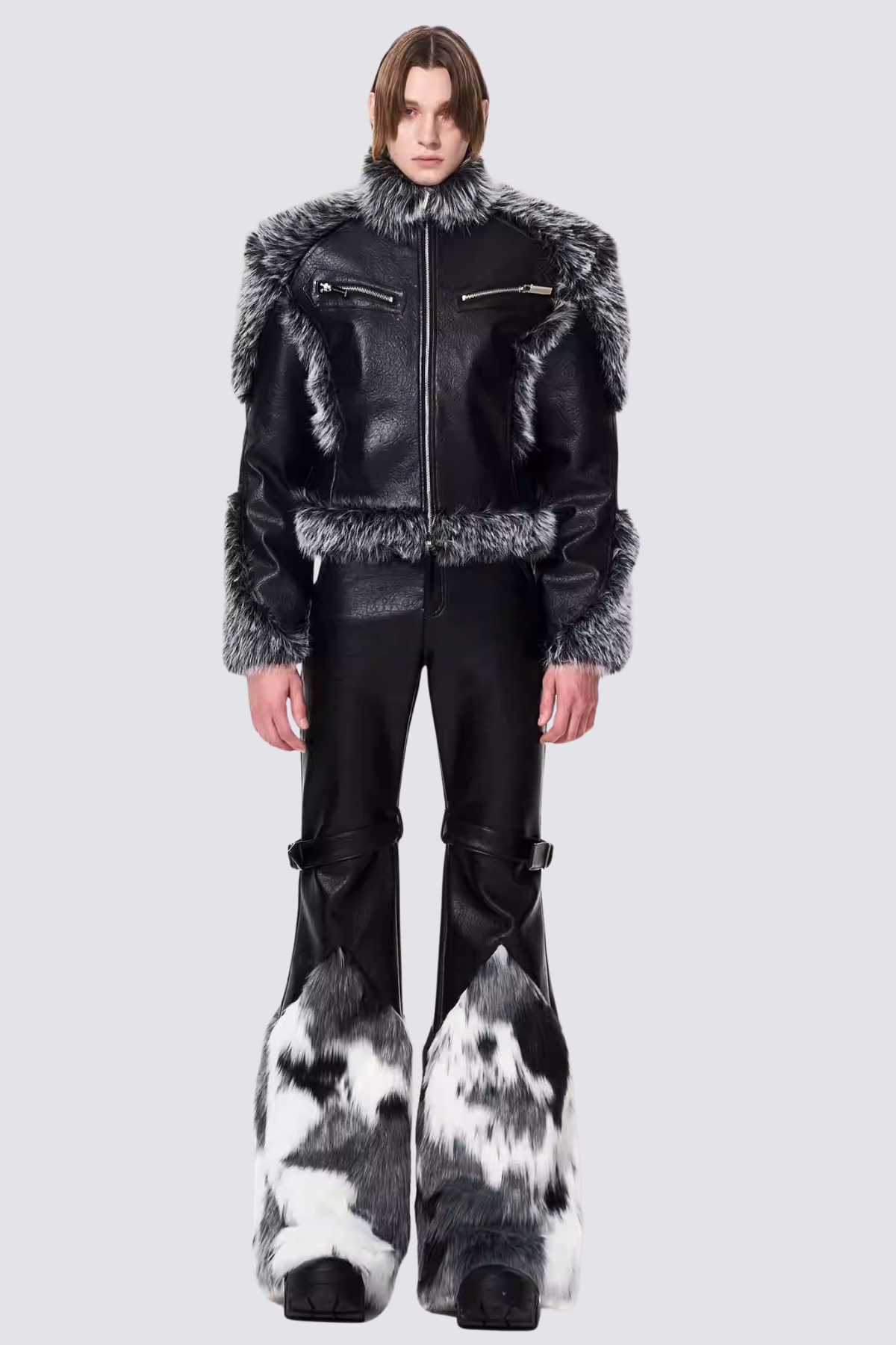Dark Band Faux Fur Paneled Leather Jacket