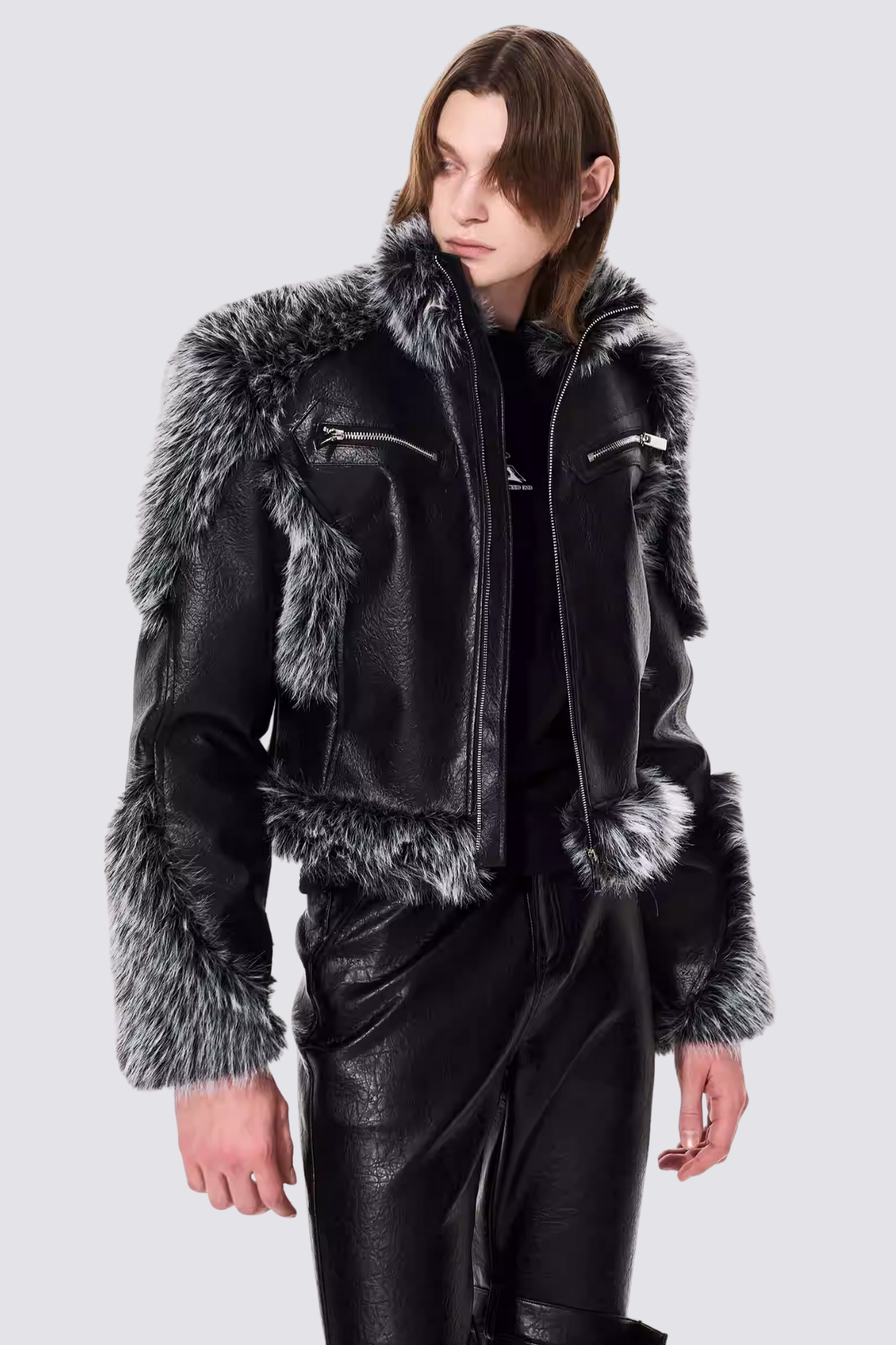 Dark Band Faux Fur Paneled Leather Jacket