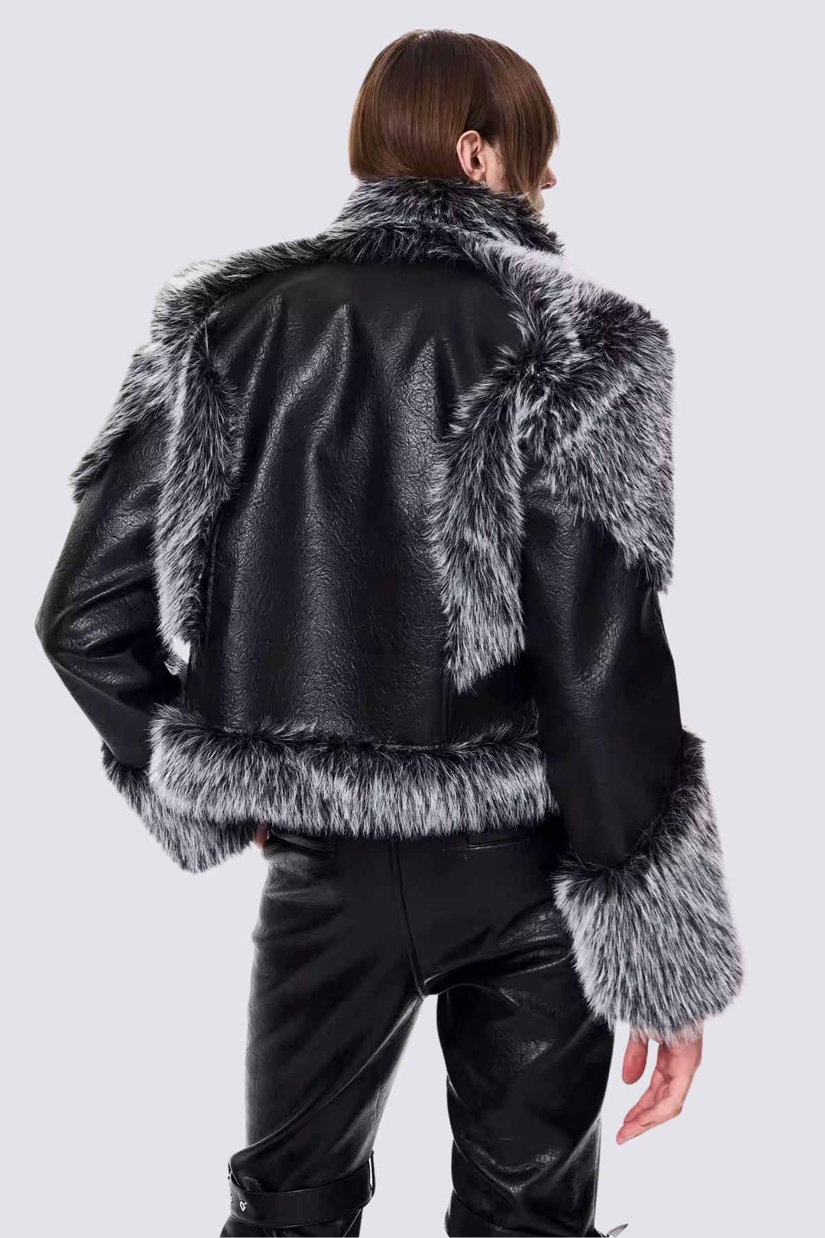 Dark Band Faux Fur Paneled Leather Jacket