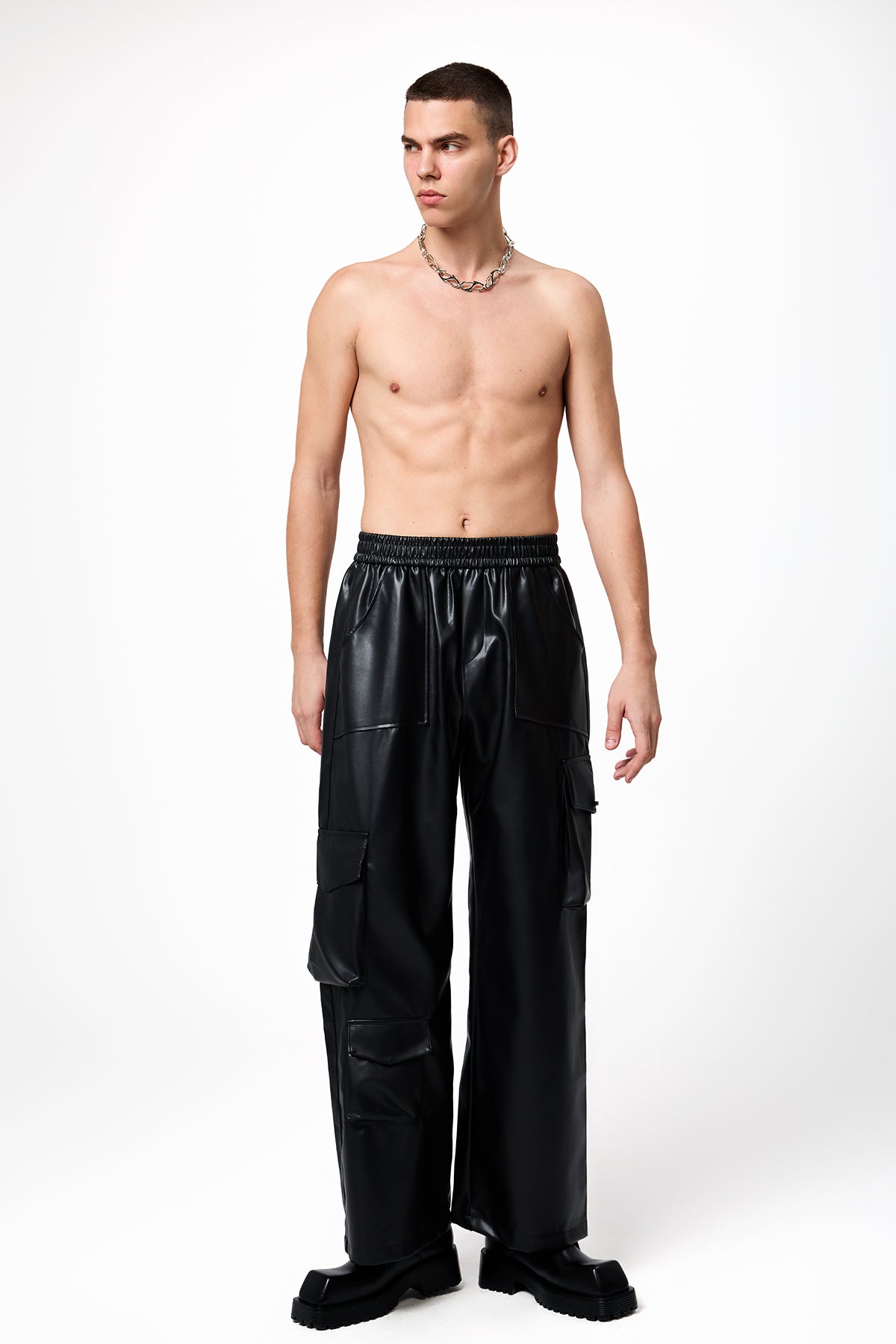Dark Edge Leather Pockets Straight Pants