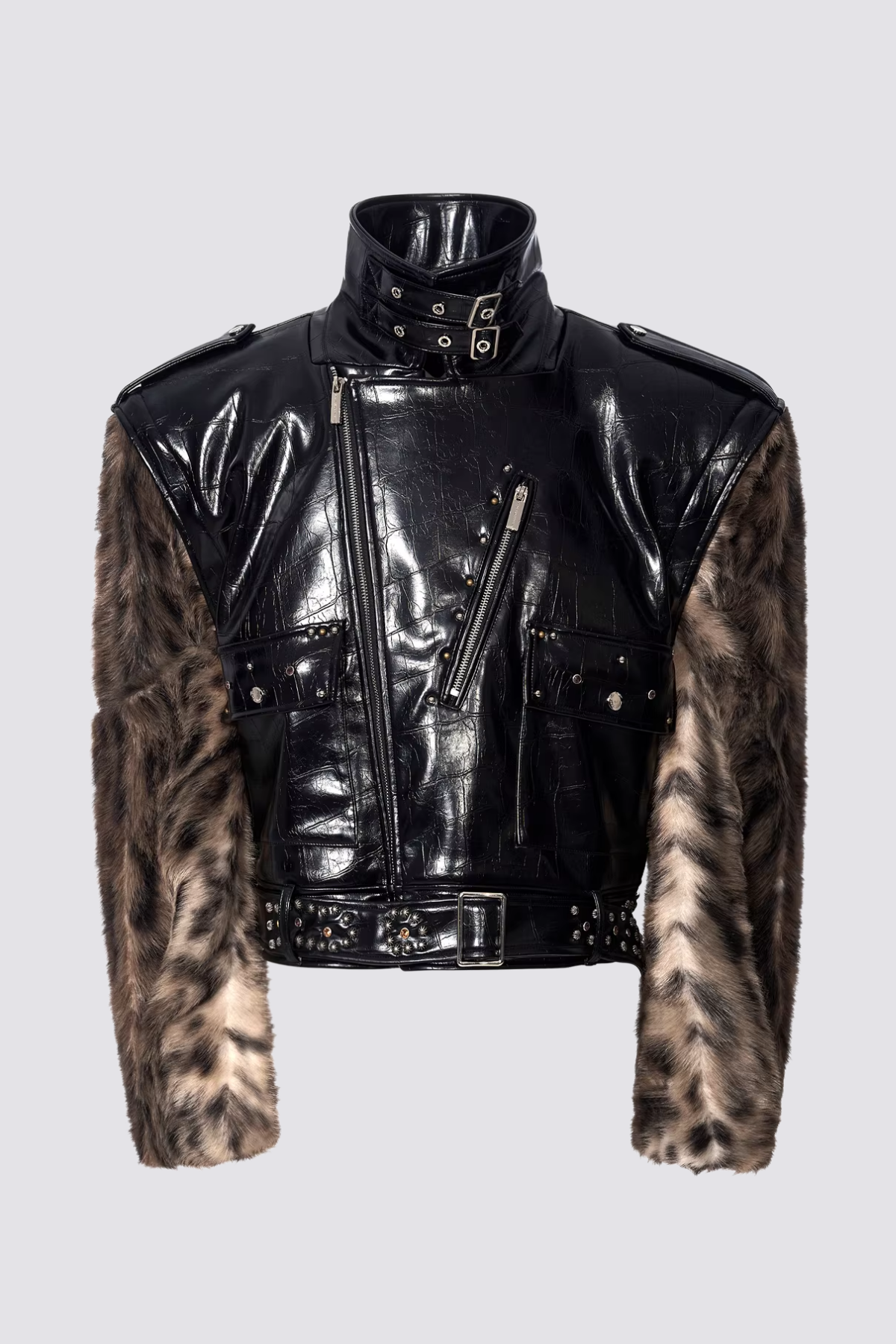 Dark Fur Leather Stand Collar Crop Jacket