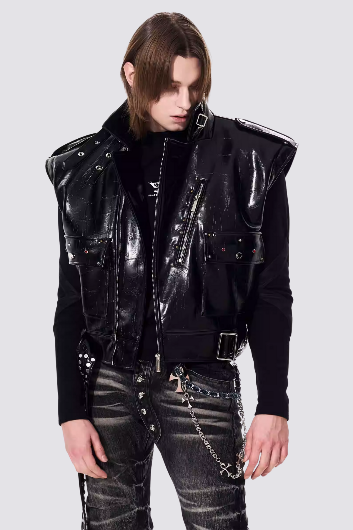 Dark Fur Leather Stand Collar Crop Jacket