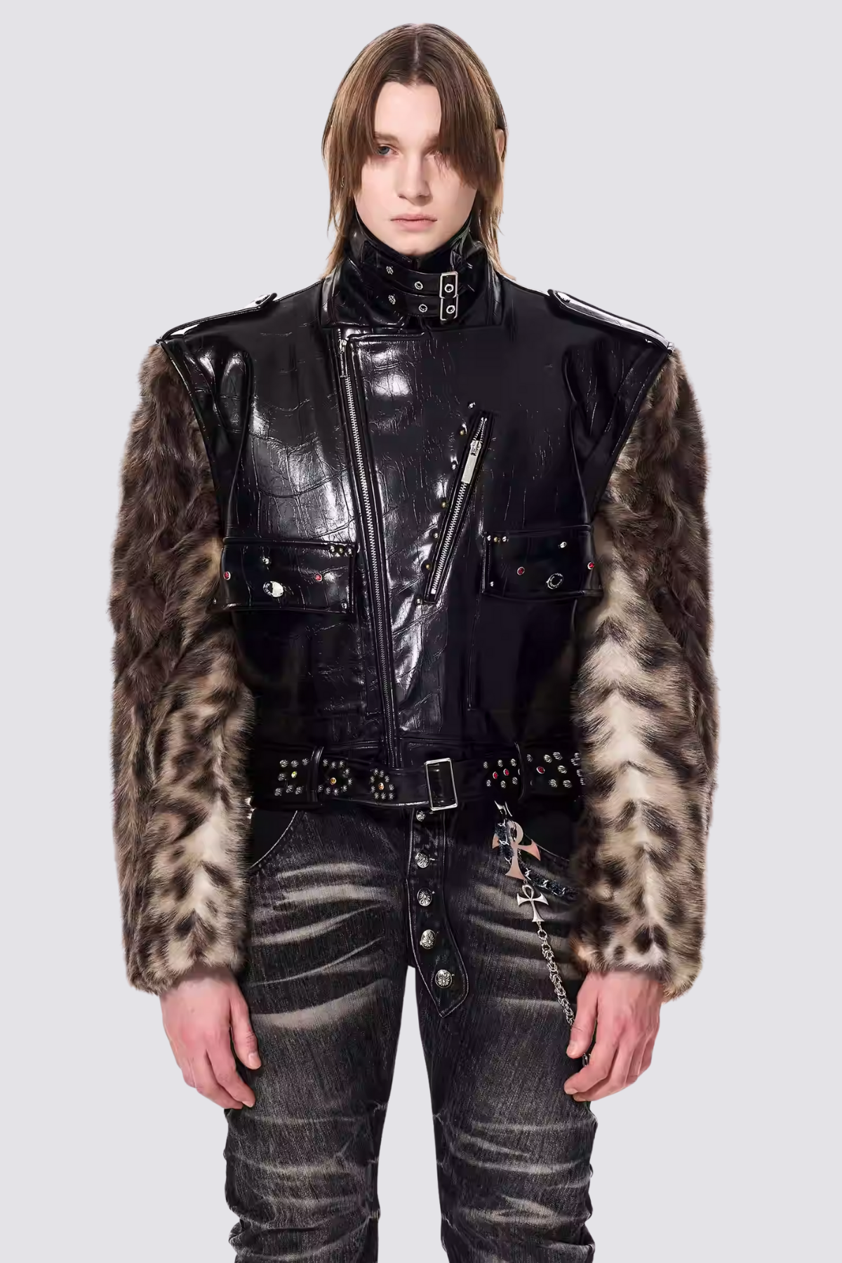 Dark Fur Leather Stand Collar Crop Jacket