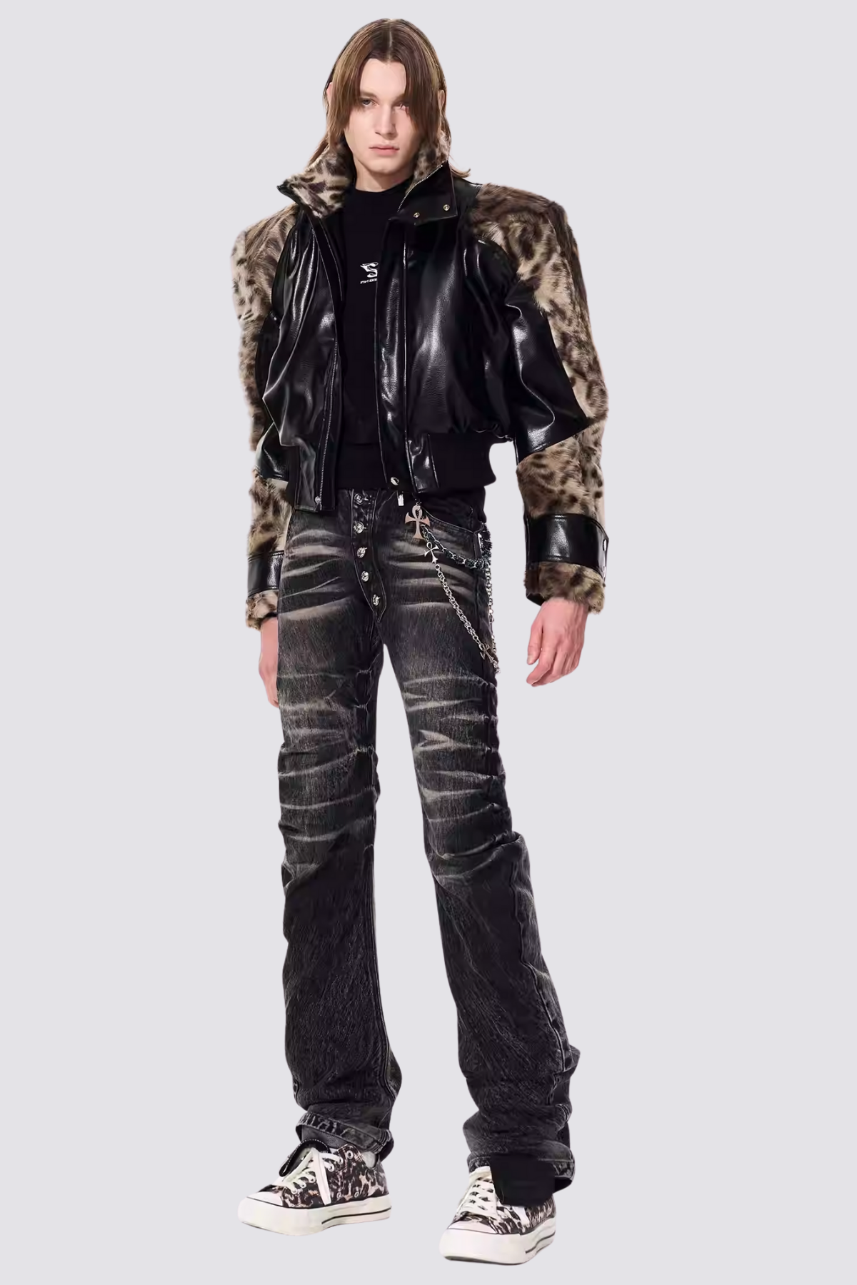 Dark Fur Stand Collar Leather Crop Jacket