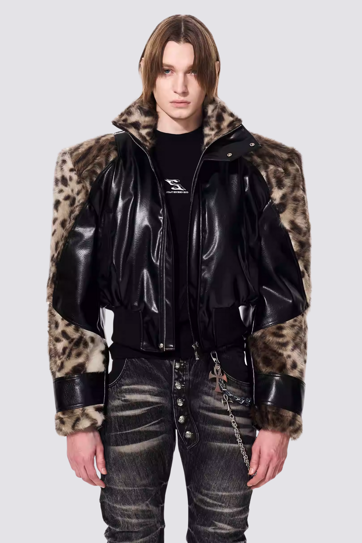 Dark Fur Stand Collar Leather Crop Jacket