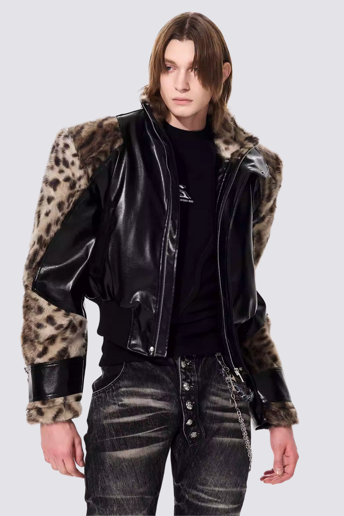 Dark Fur Stand Collar Leather Crop Jacket