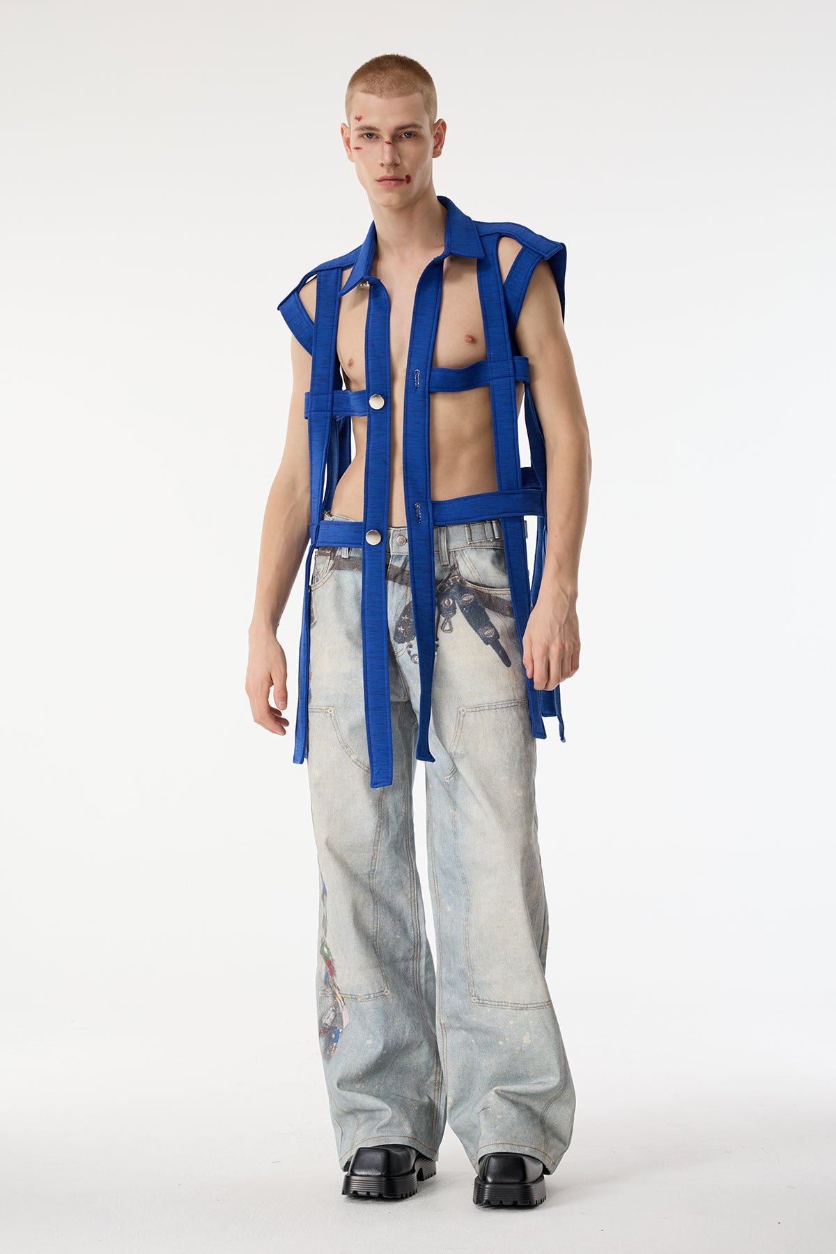 Dark Mesh Sleeveless Cutout Shirts Dark Blue