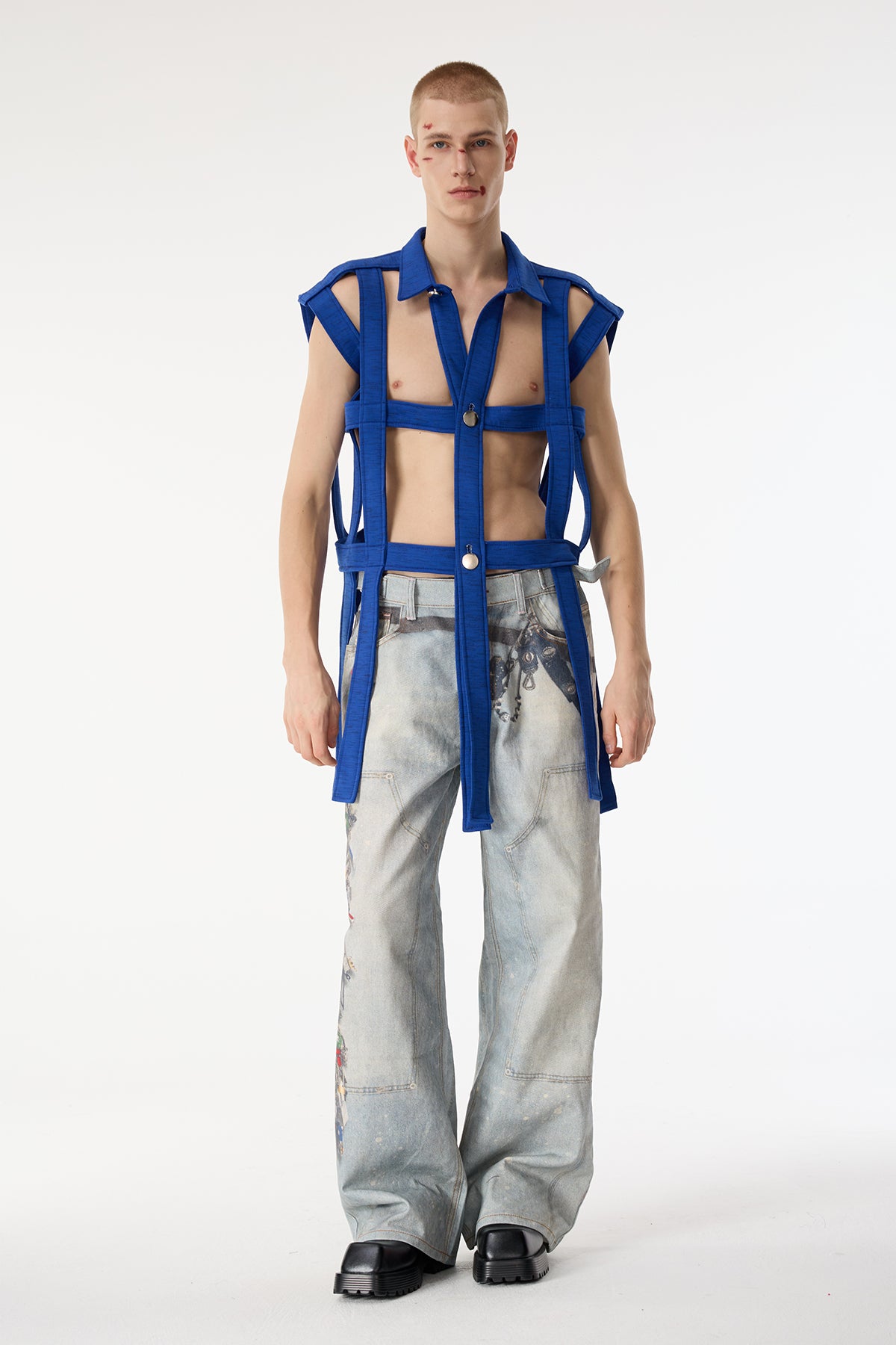 Dark Mesh Sleeveless Cutout Shirts Dark Blue