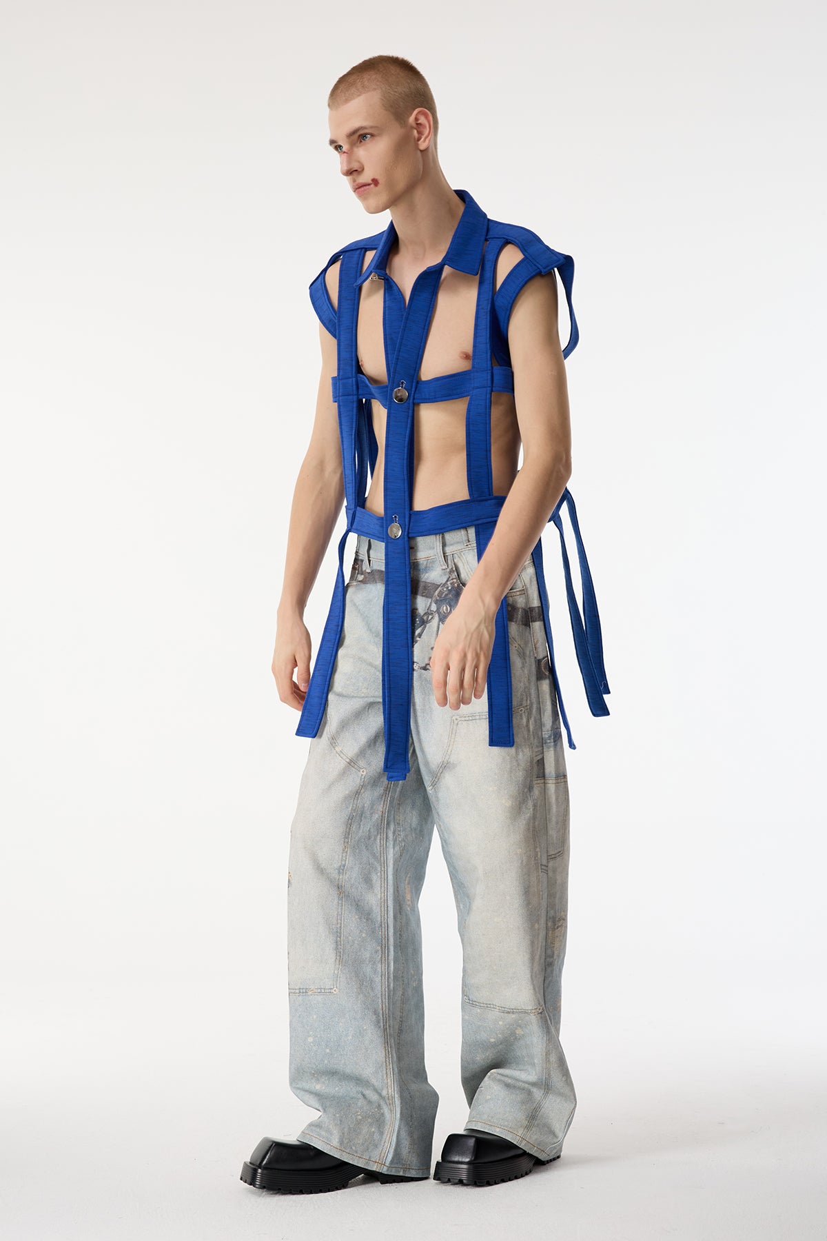 Dark Mesh Sleeveless Cutout Shirts Dark Blue