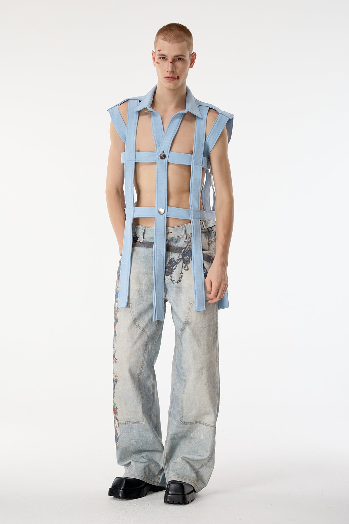 Dark Mesh Sleeveless Cutout Shirts Light Blue