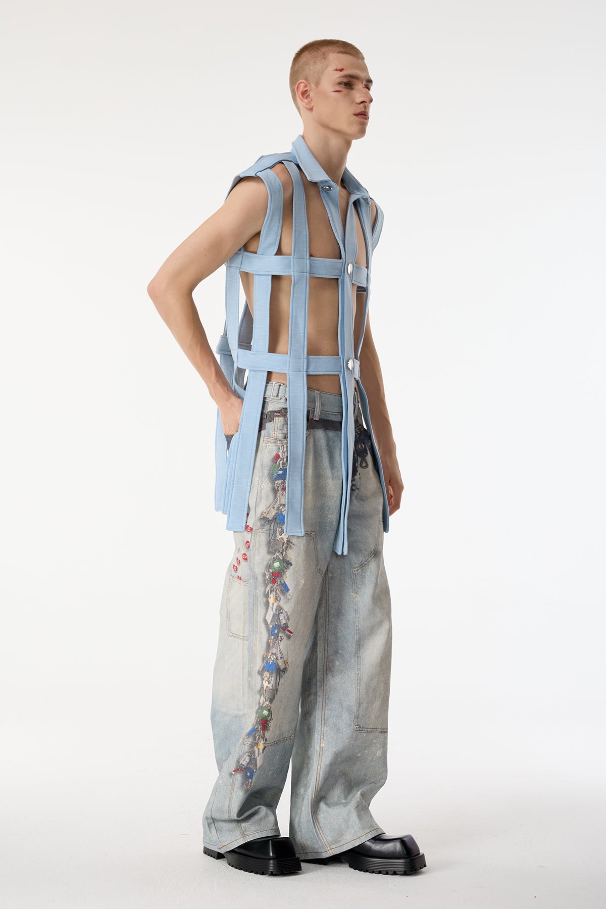 Dark Mesh Sleeveless Cutout Shirts Light Blue
