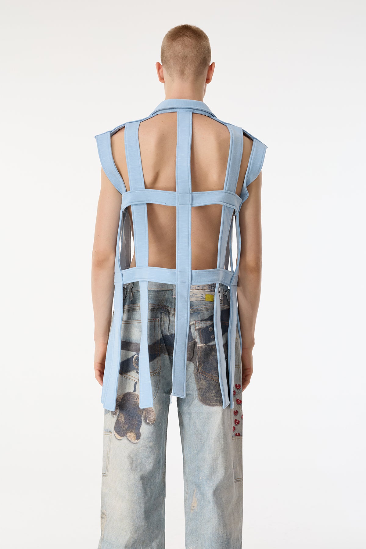 Dark Mesh Sleeveless Cutout Shirts Light Blue