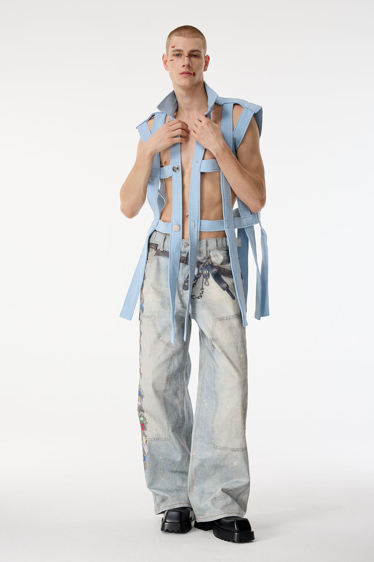 Dark Mesh Sleeveless Cutout Shirts Light Blue