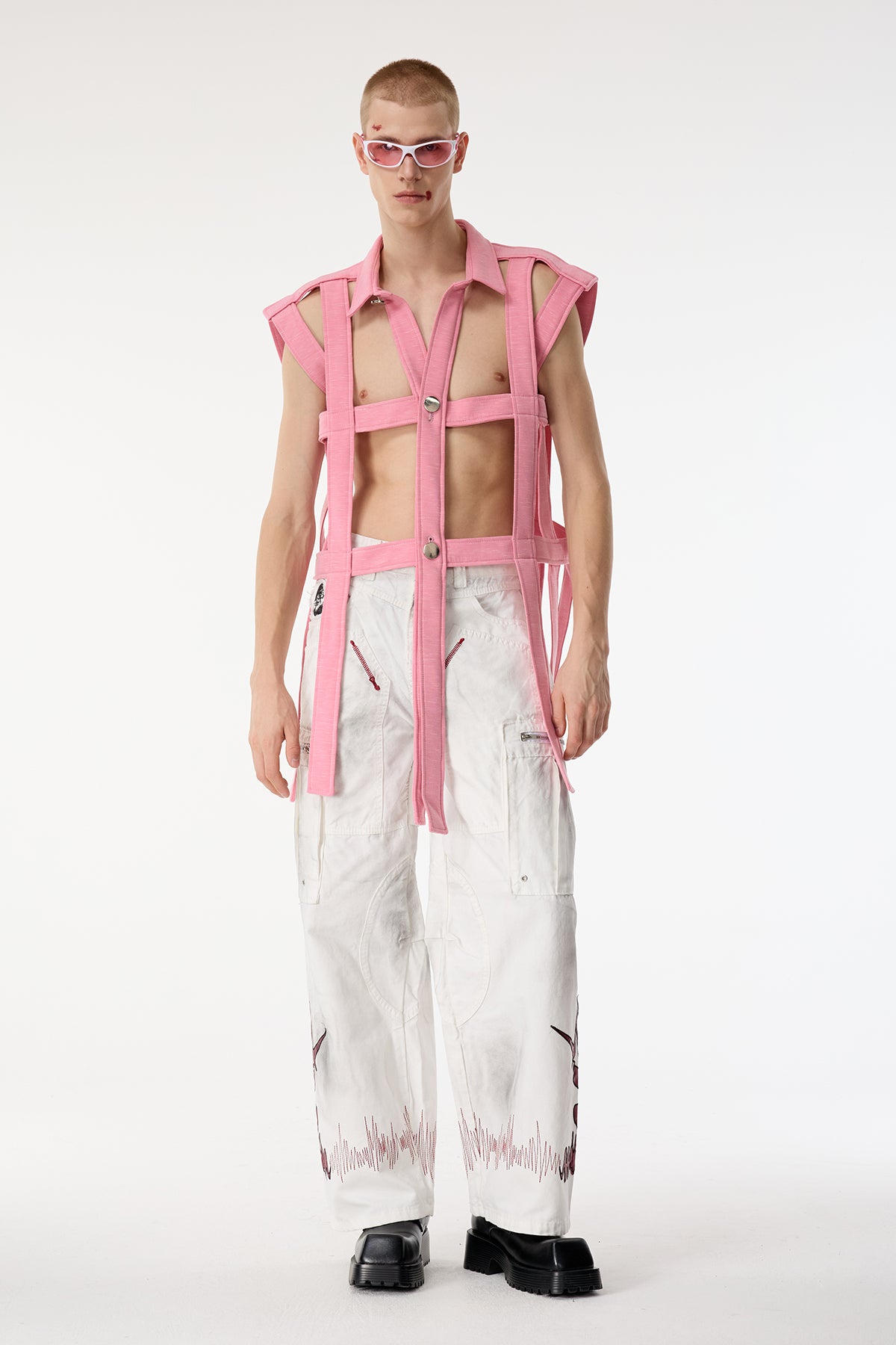 Dark Mesh Sleeveless Cutout Shirts Pink