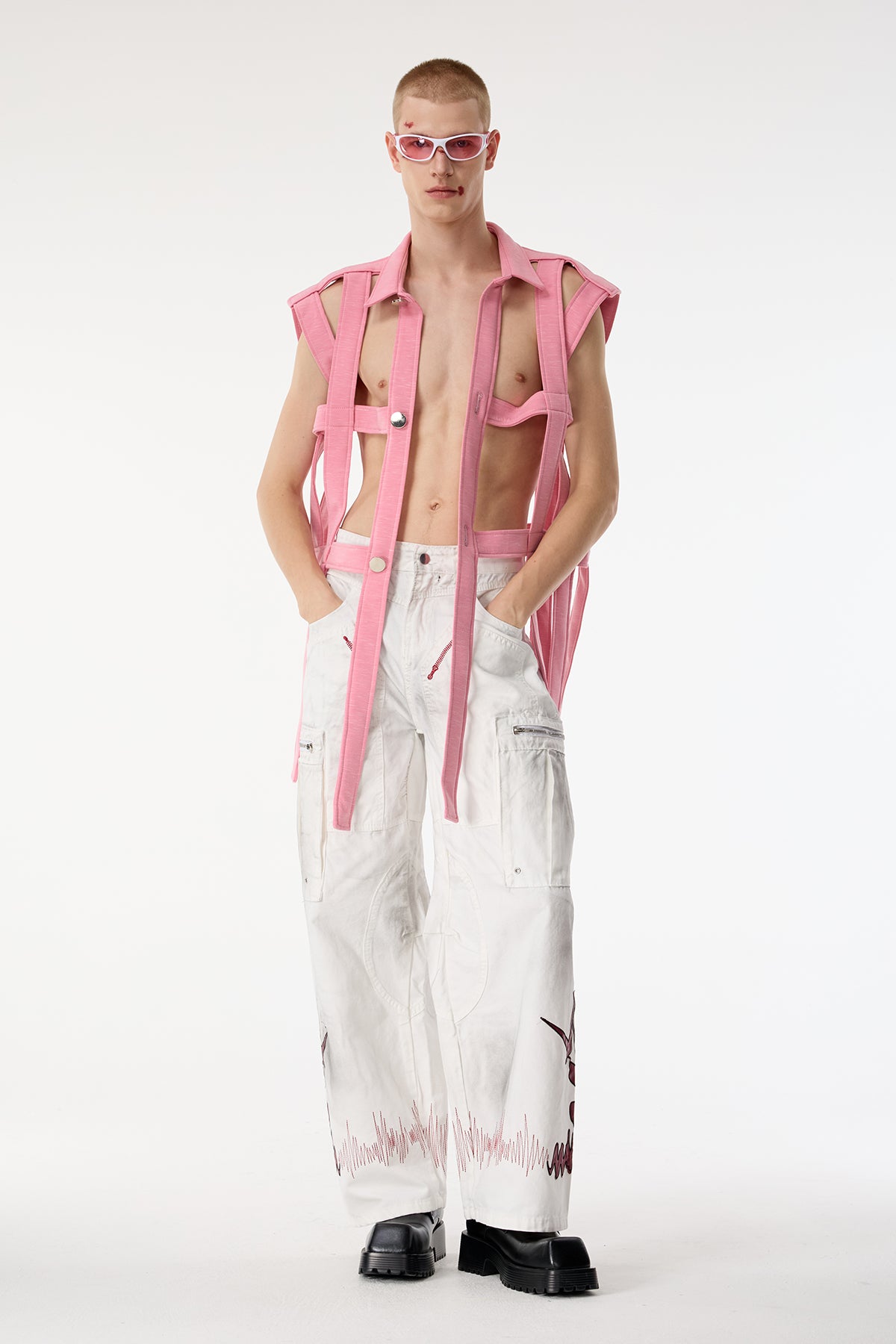 Dark Mesh Sleeveless Cutout Shirts Pink