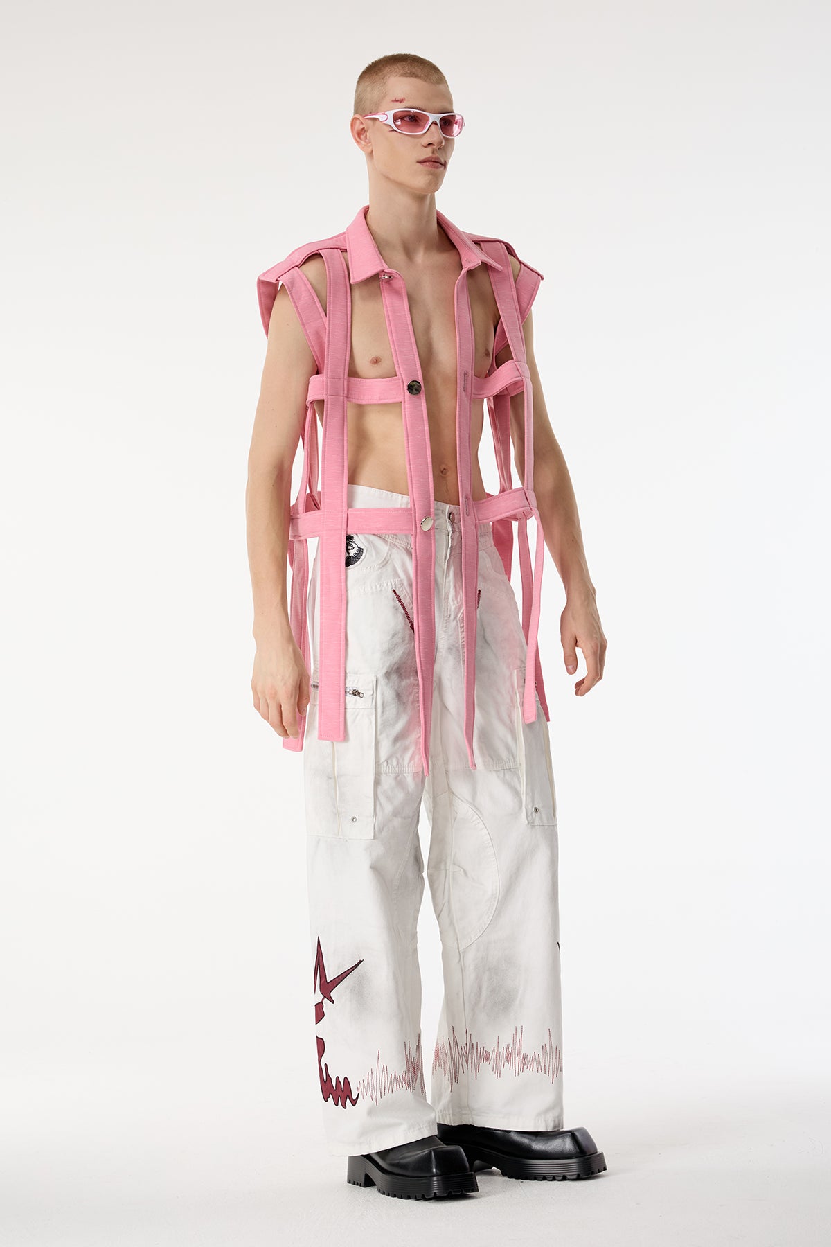 Dark Mesh Sleeveless Cutout Shirts Pink