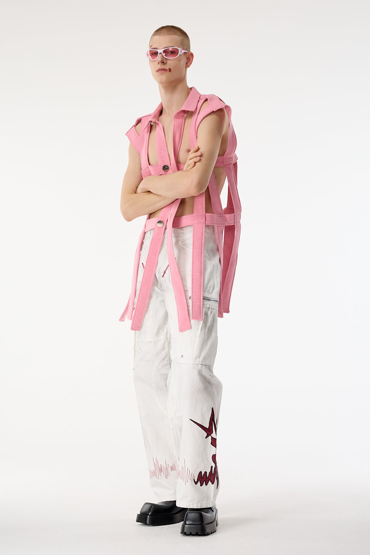 Dark Mesh Sleeveless Cutout Shirts Pink