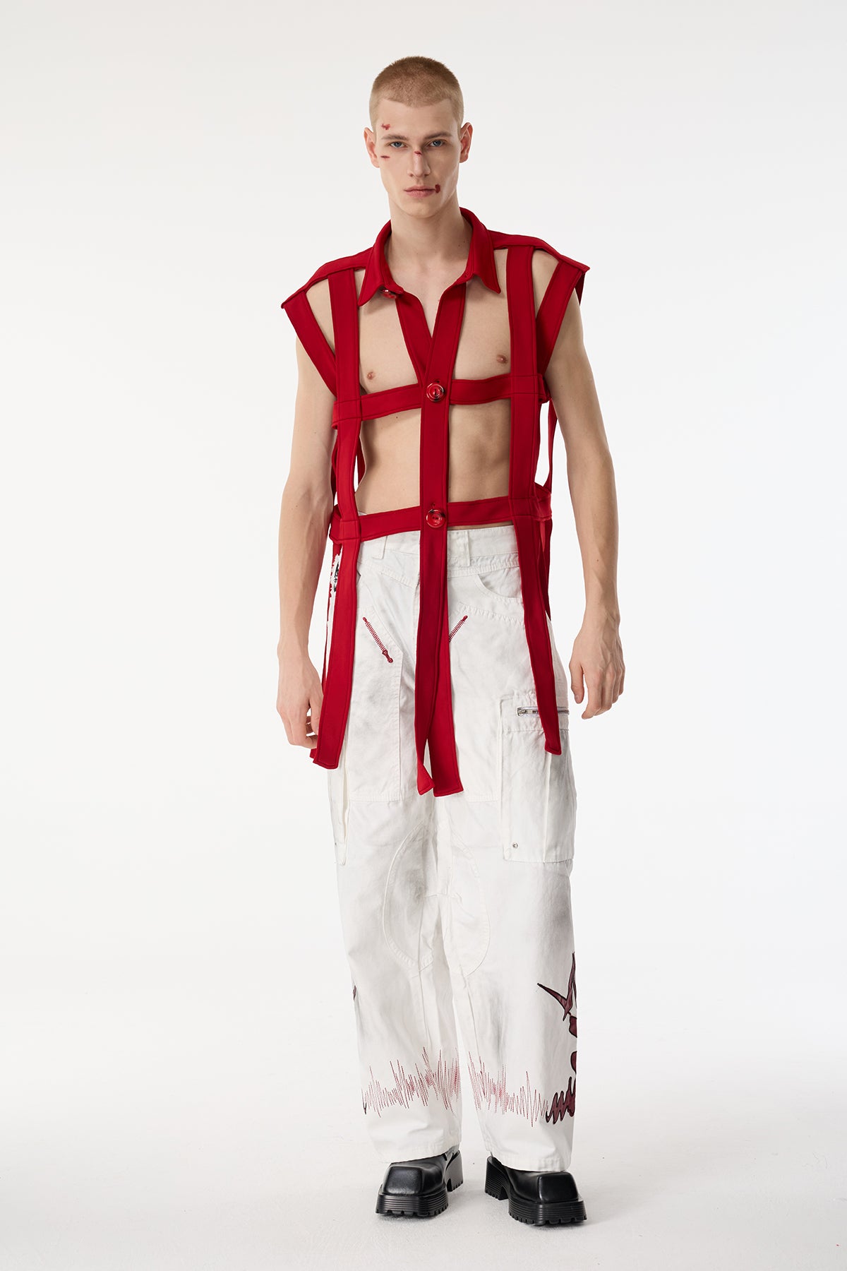 Dark Mesh Sleeveless Cutout Shirts Red