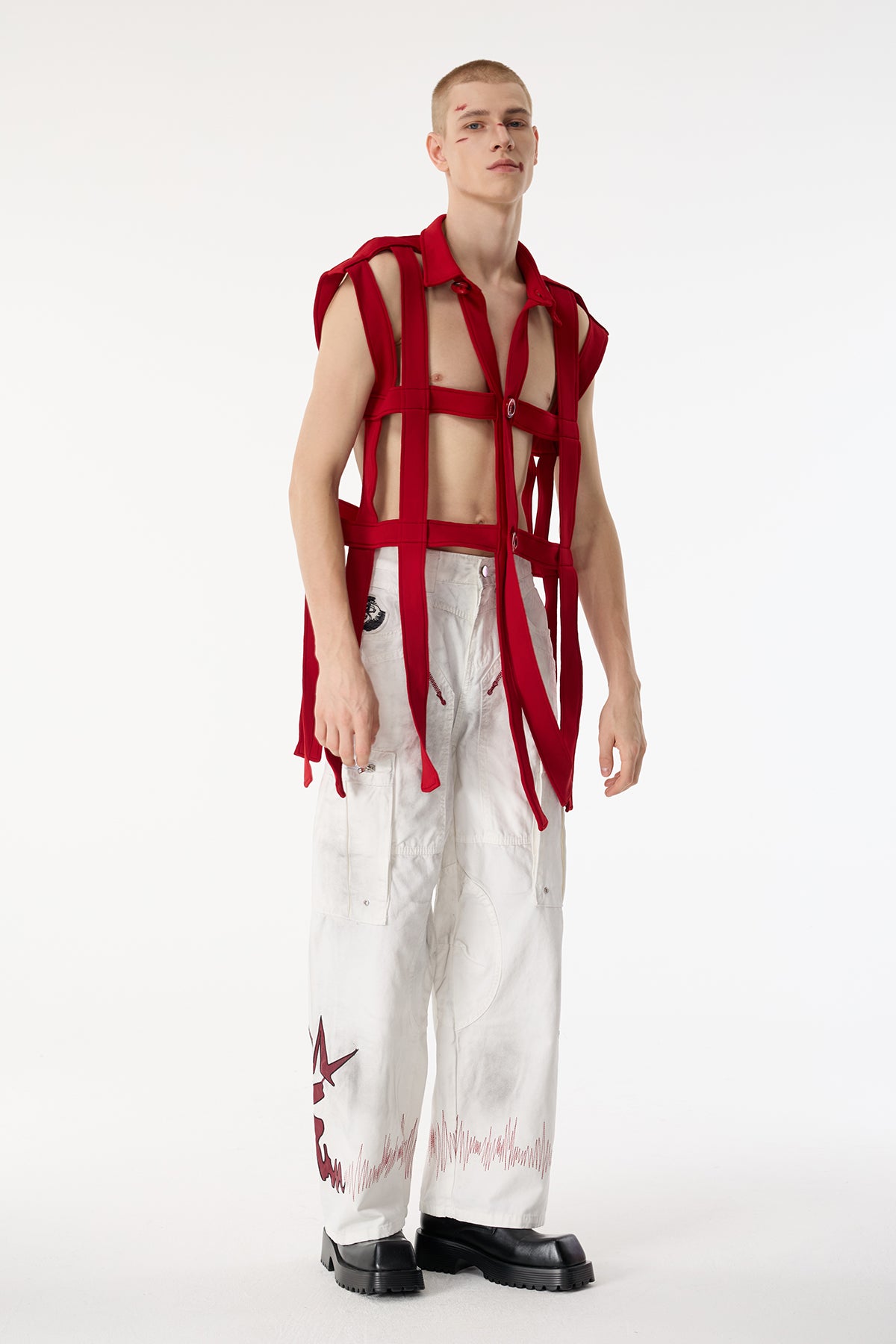 Dark Mesh Sleeveless Cutout Shirts Red