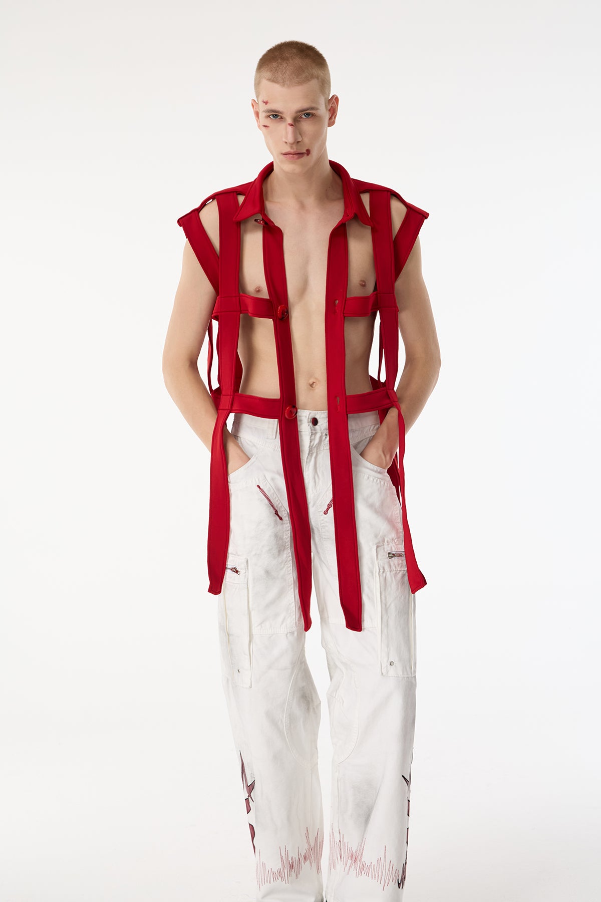 Dark Mesh Sleeveless Cutout Shirts Red