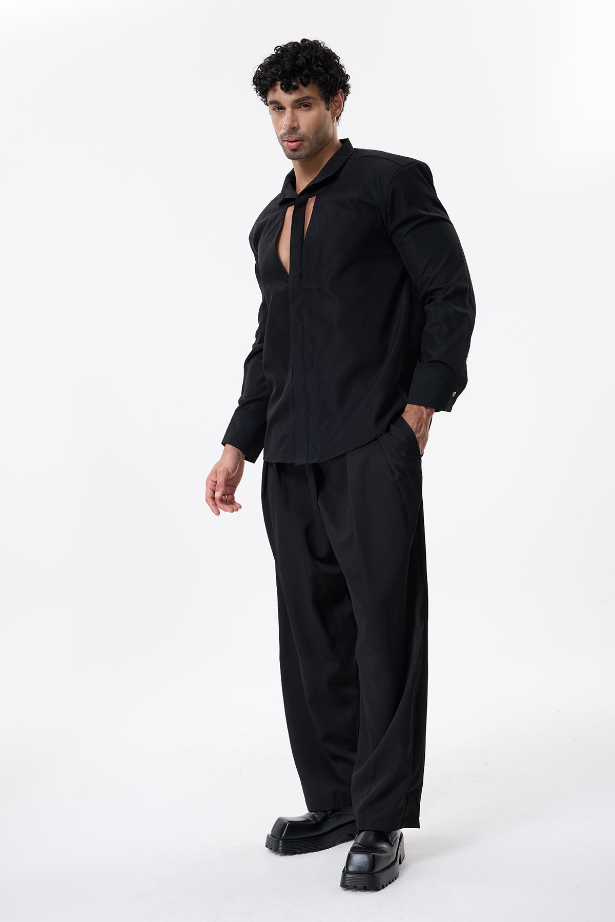 Dark Thread Cutout Long Sleeve Shirt Black