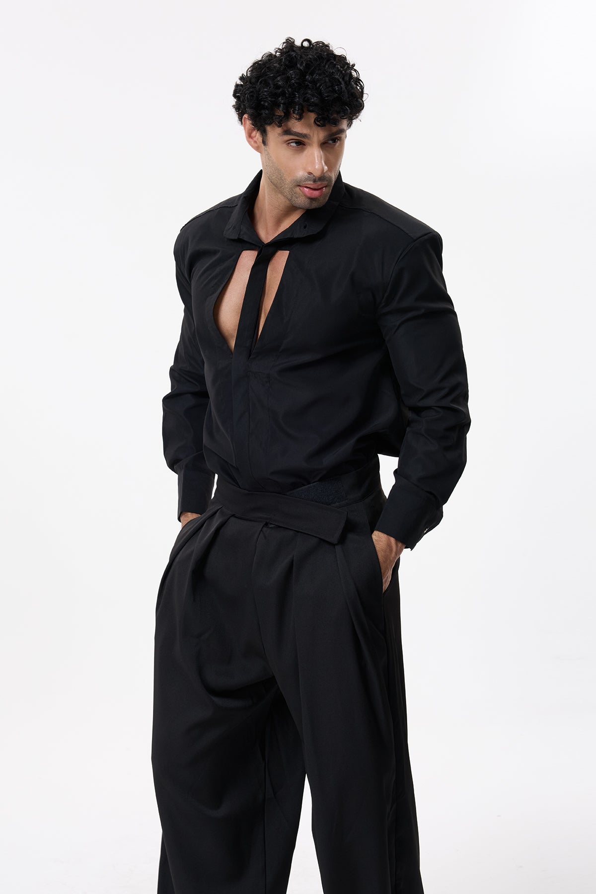 Dark Thread Cutout Long Sleeve Shirt Black