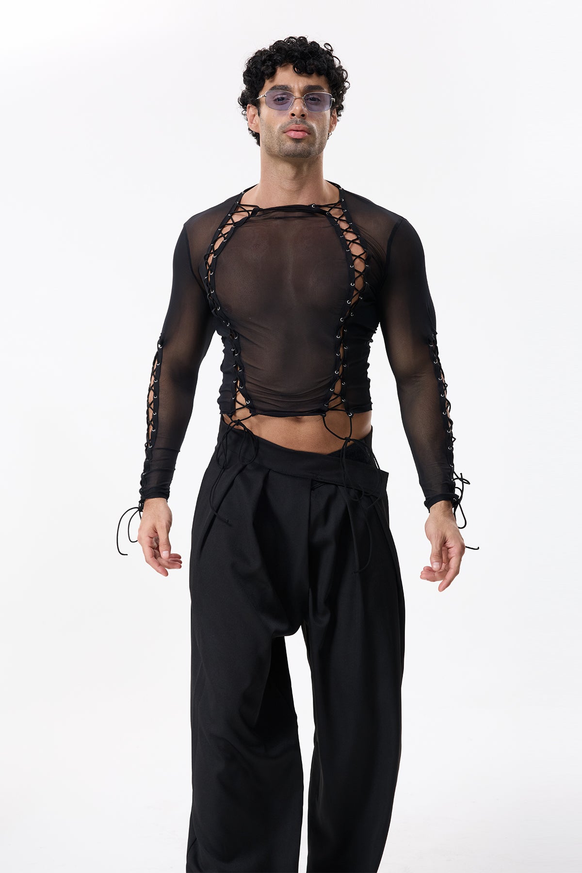 Dark Weave Mesh Long Sleeve Lace Up Top