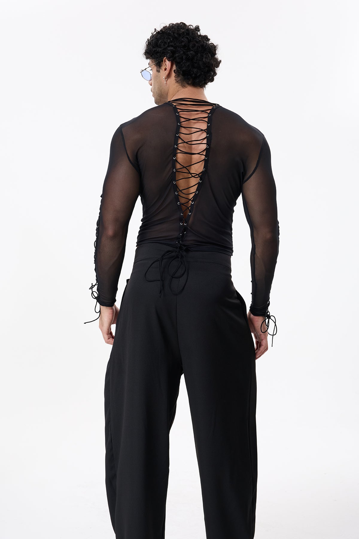 Dark Weave Mesh Long Sleeve Lace Up Top