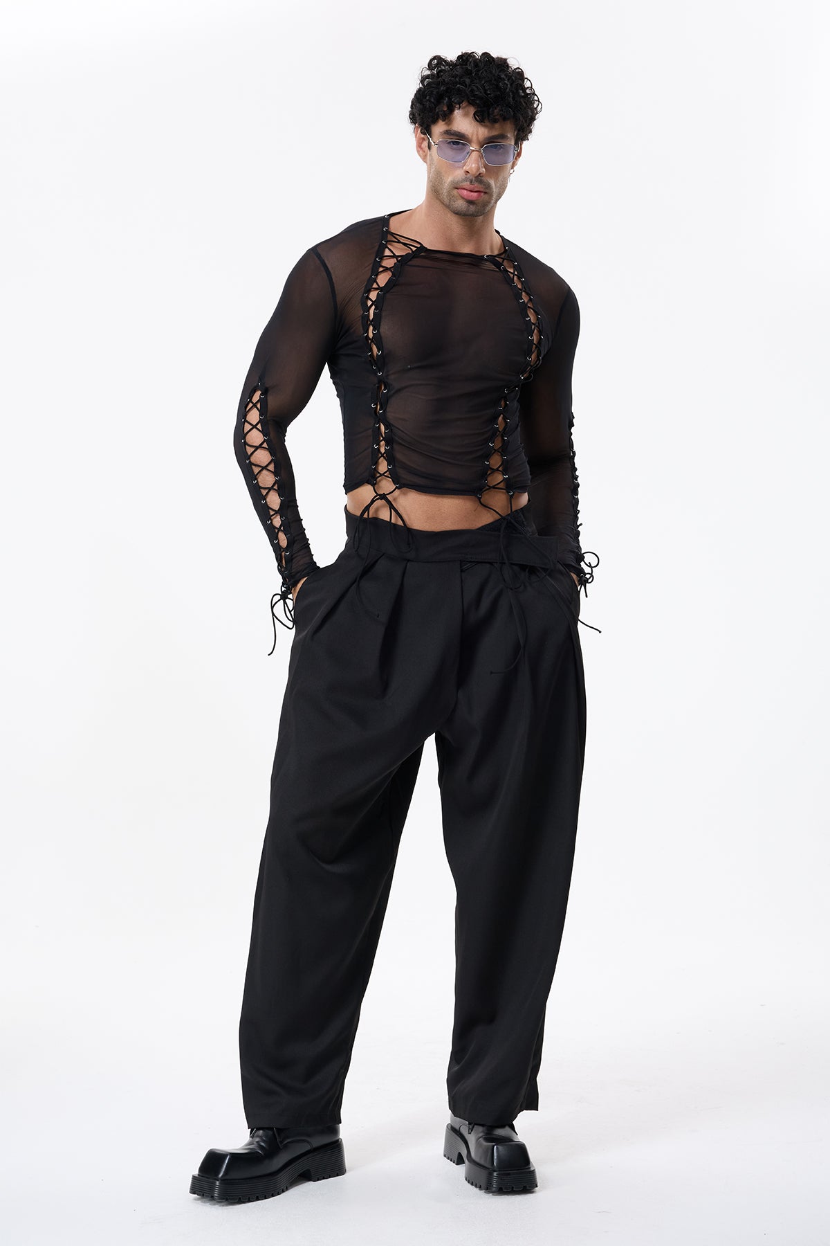 Dark Weave Mesh Long Sleeve Lace Up Top