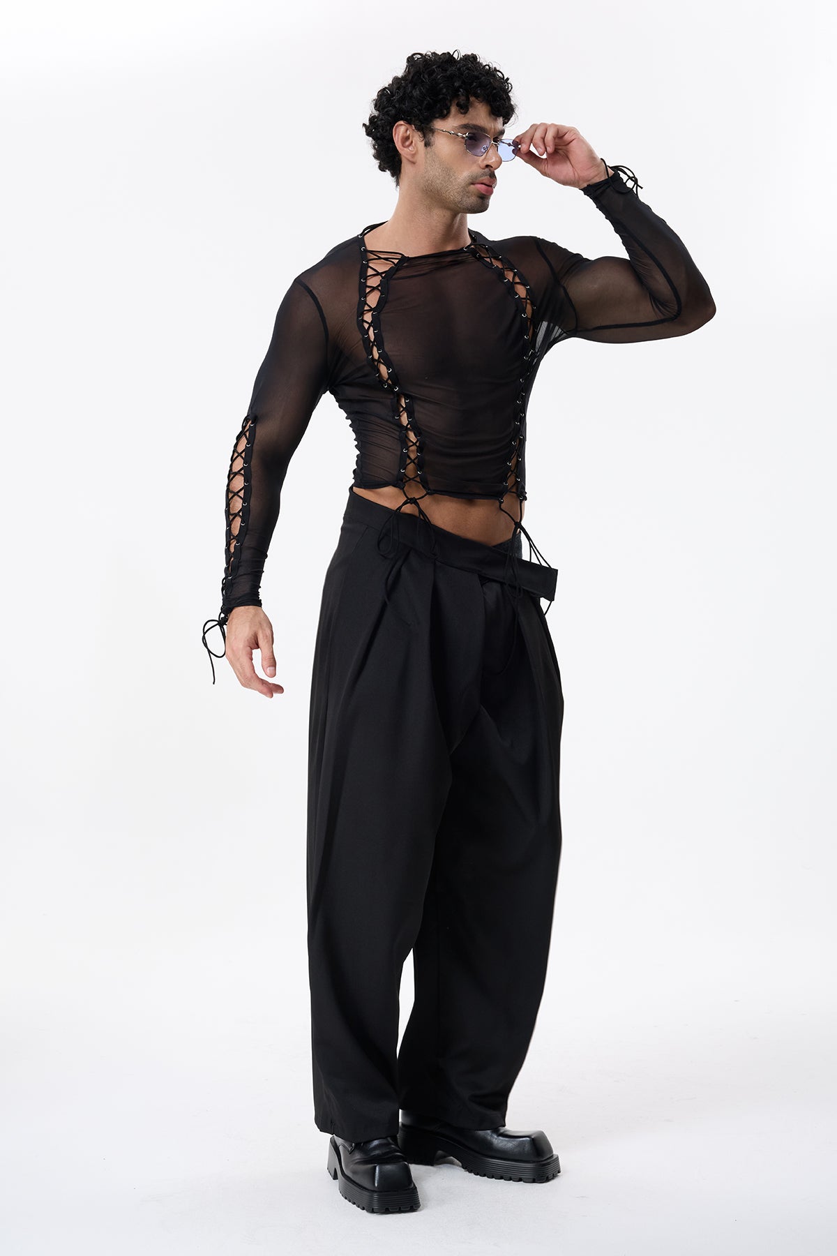 Dark Weave Mesh Long Sleeve Lace Up Top