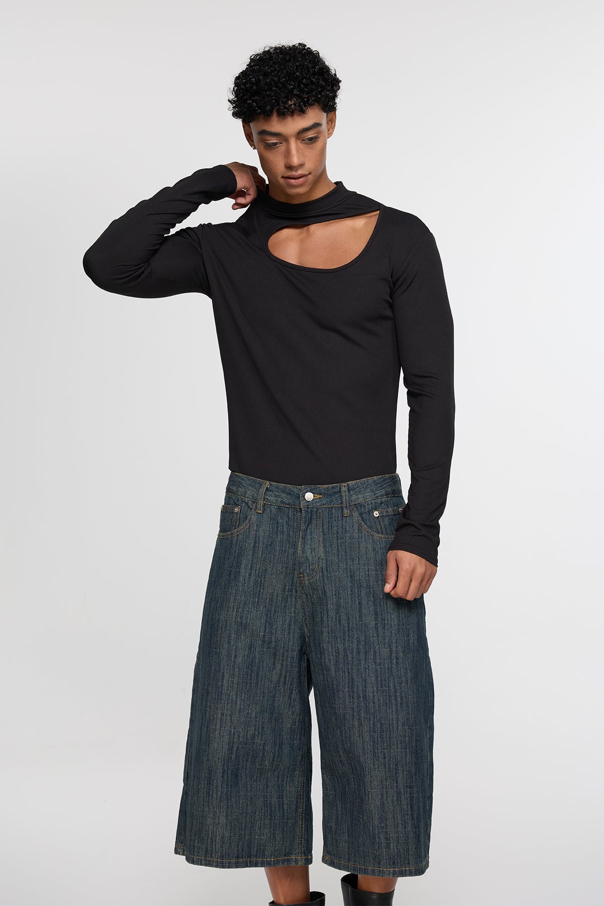 Deep Canvas Cutout Long Sleeve Top