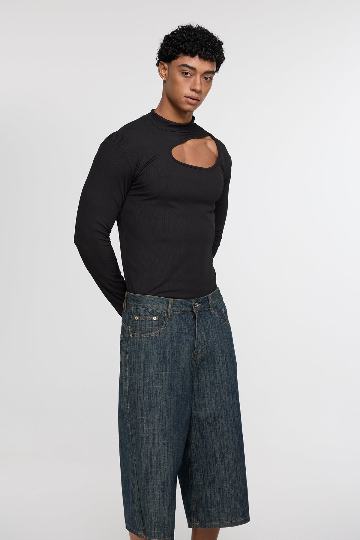 Deep Canvas Cutout Long Sleeve Top