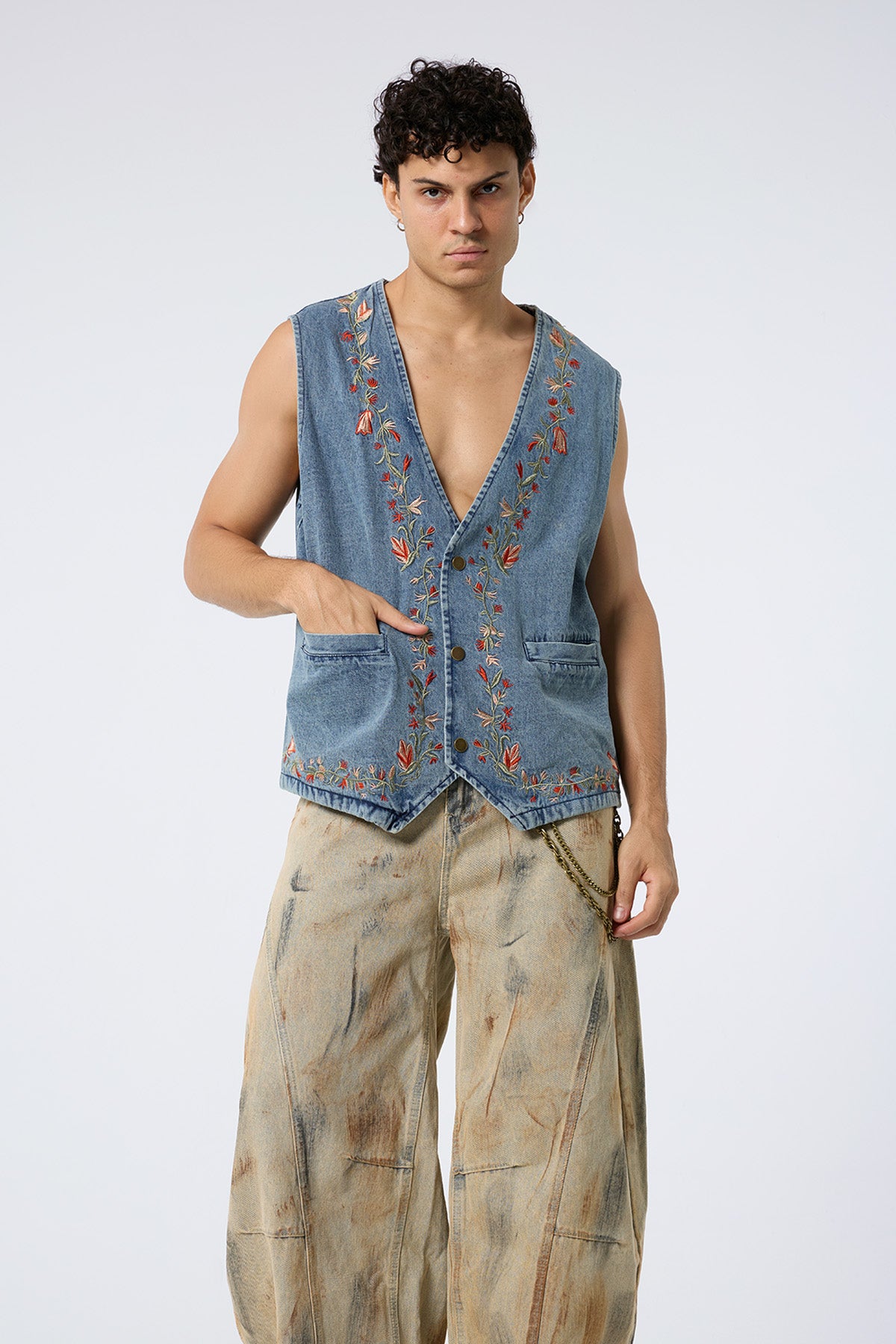 Deep Stitch Floral Embroidered Denim Vest