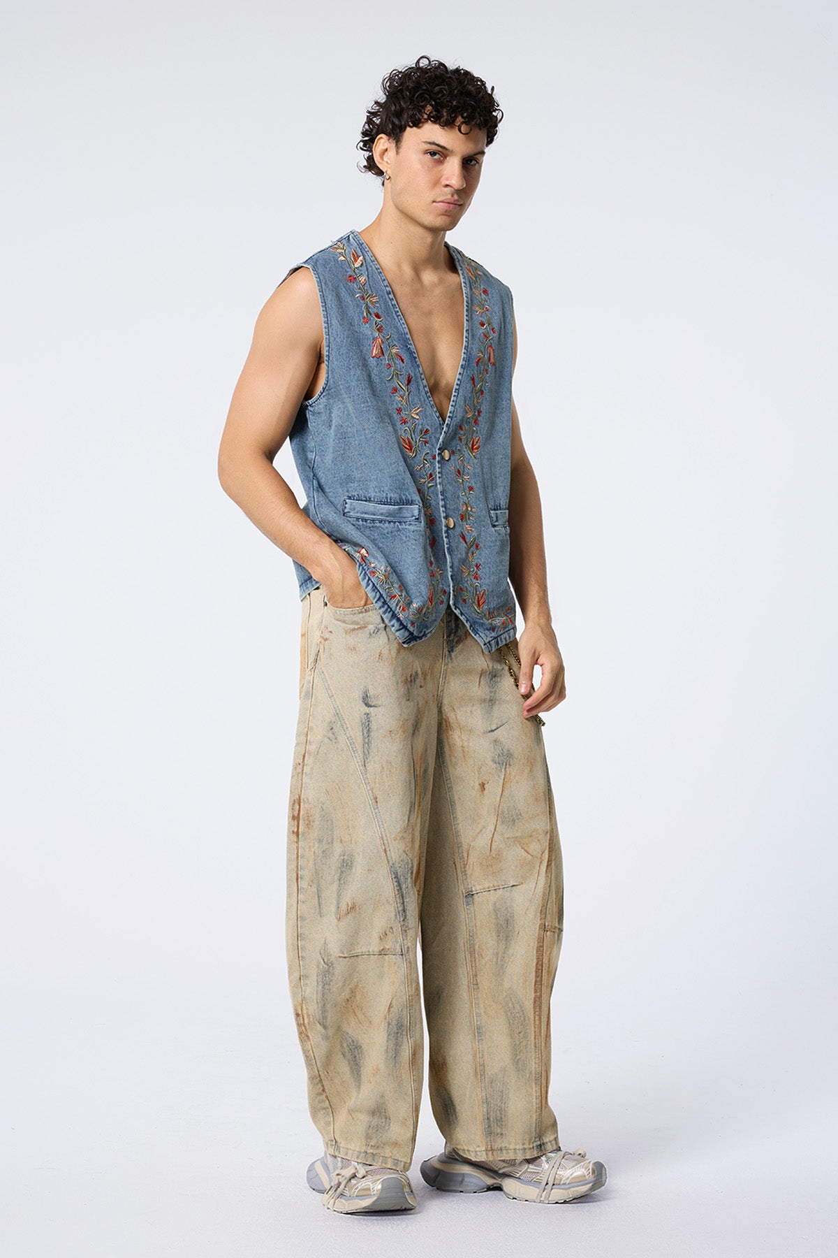 Deep Stitch Floral Embroidered Denim Vest