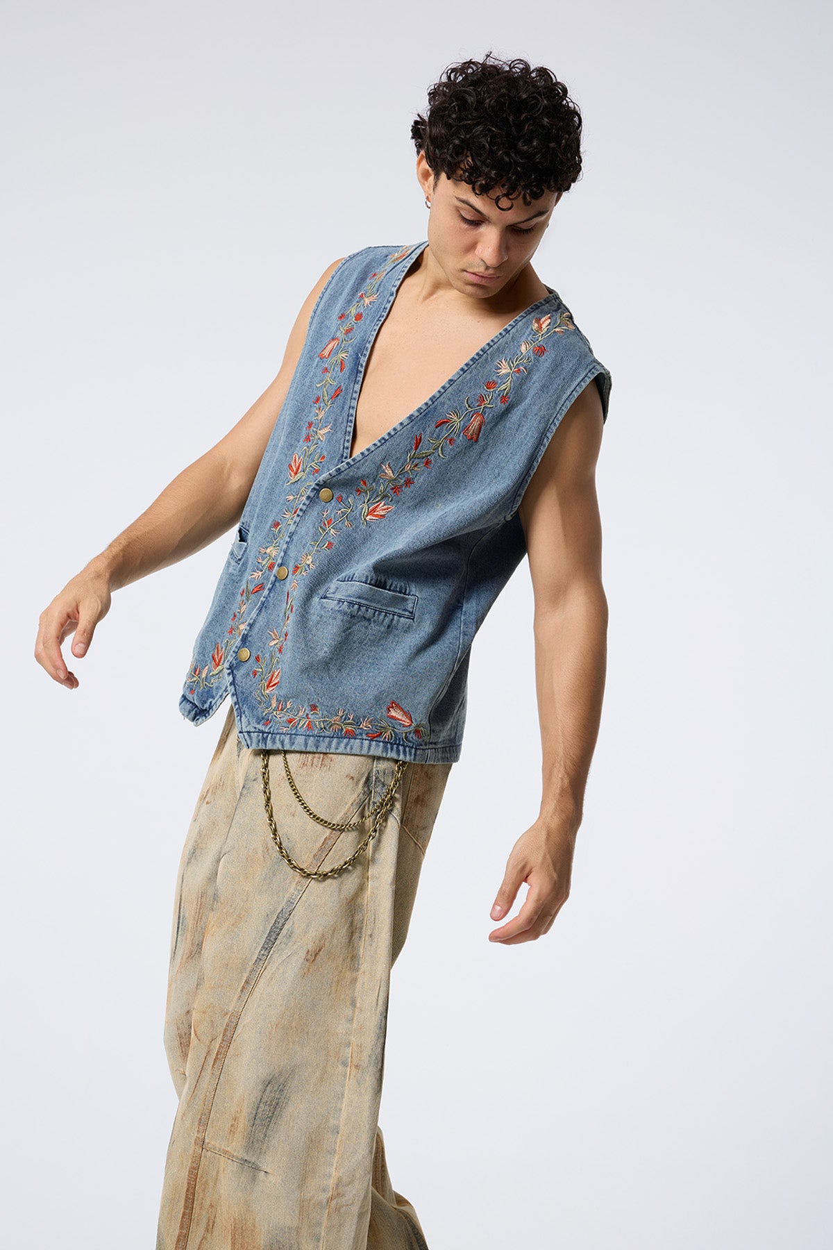 Deep Stitch Floral Embroidered Denim Vest
