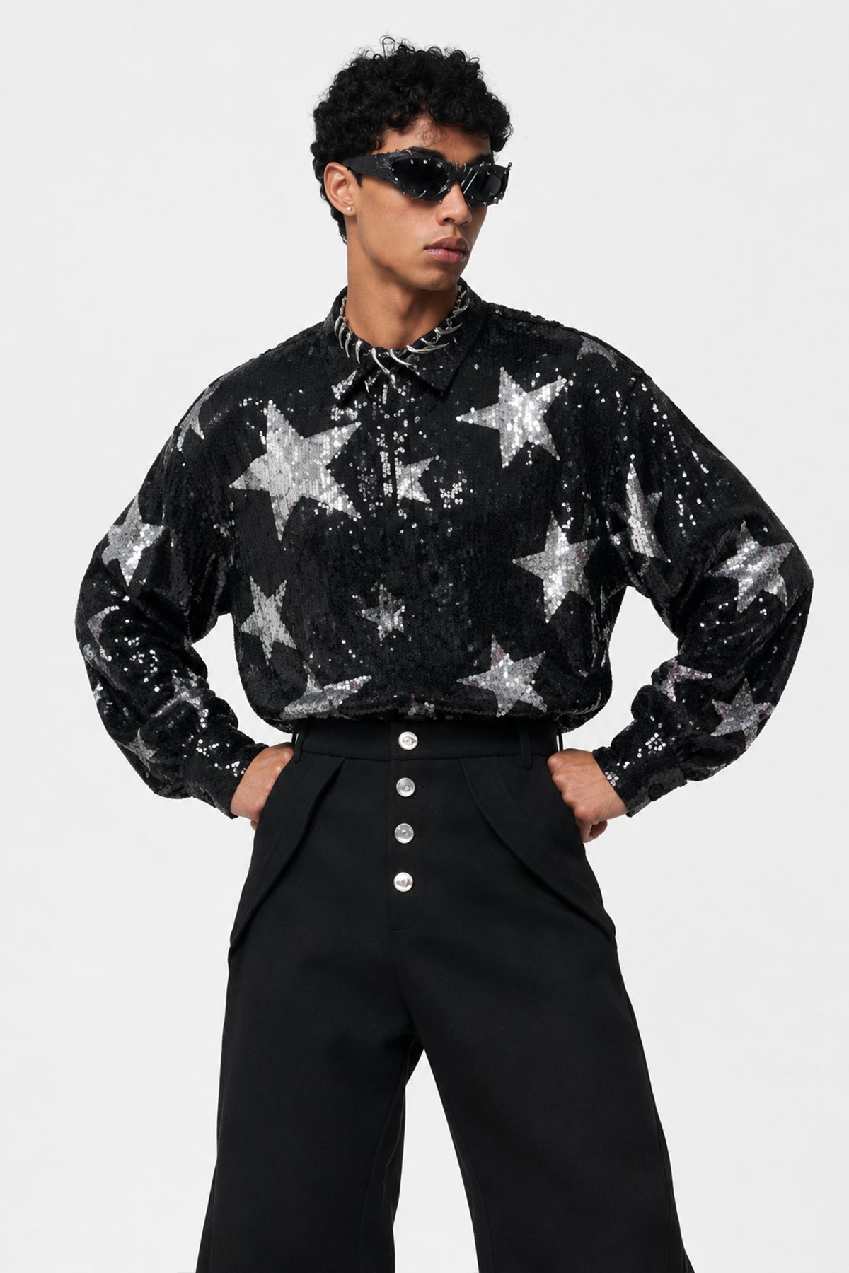 Deep Void Long Sleeve Star Sequin Shirt